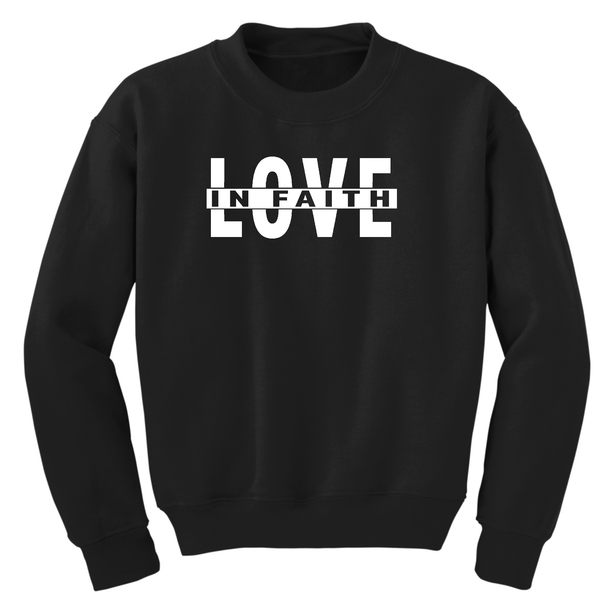 Youth Graphic Sweatshirt featuring 'Love in Faith' design, long sleeves, and ribbed collar, cuffs, and waistband.