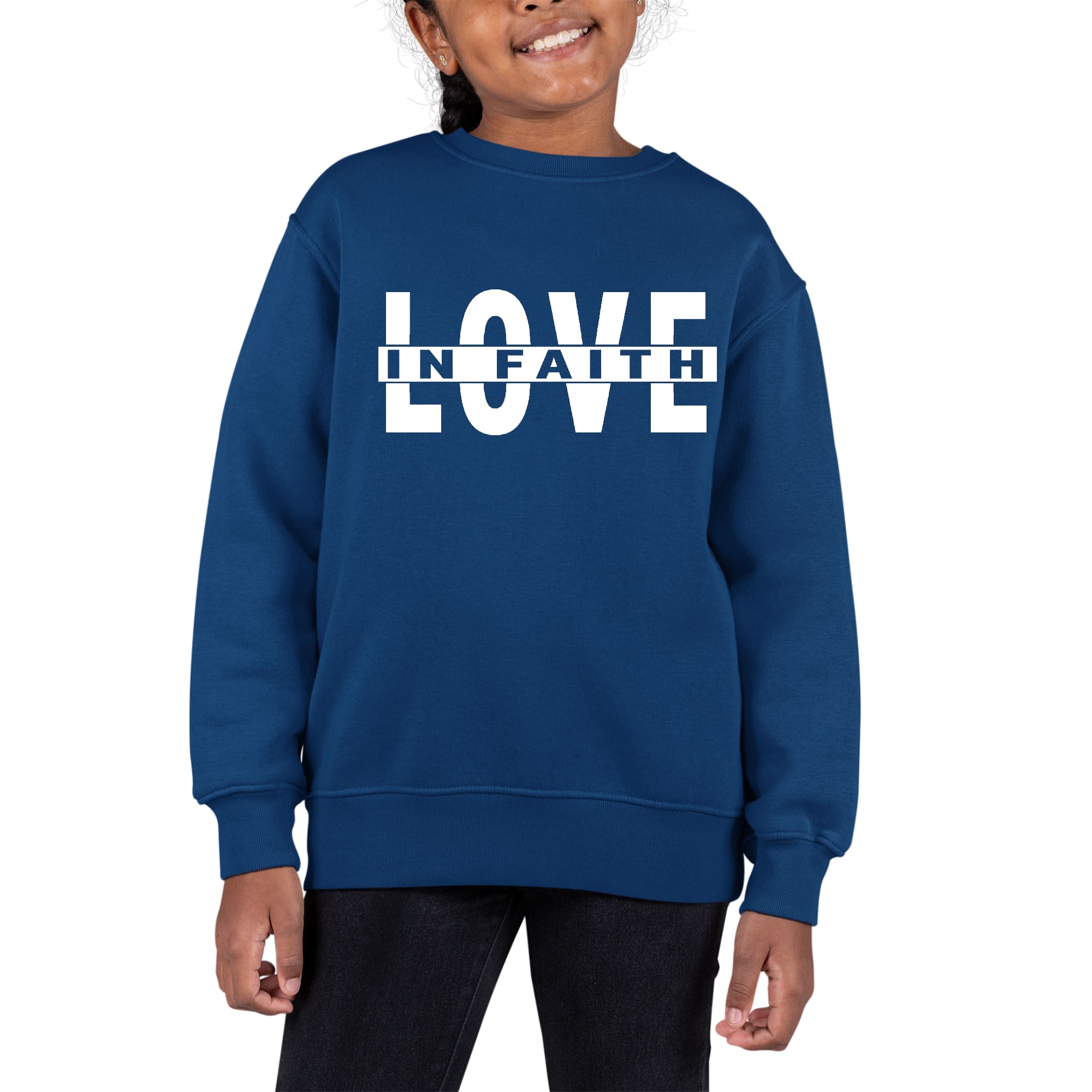 Youth Graphic Sweatshirt featuring 'Love in Faith' design, long sleeves, and ribbed collar, cuffs, and waistband.