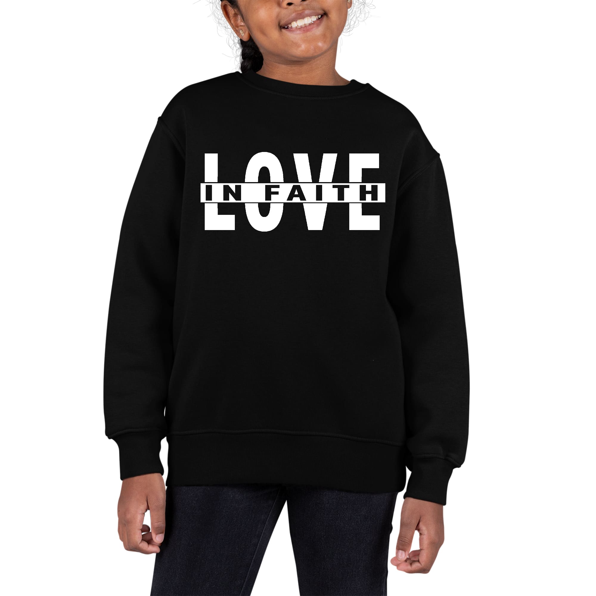 Youth Graphic Sweatshirt featuring 'Love in Faith' design, long sleeves, and ribbed collar, cuffs, and waistband.