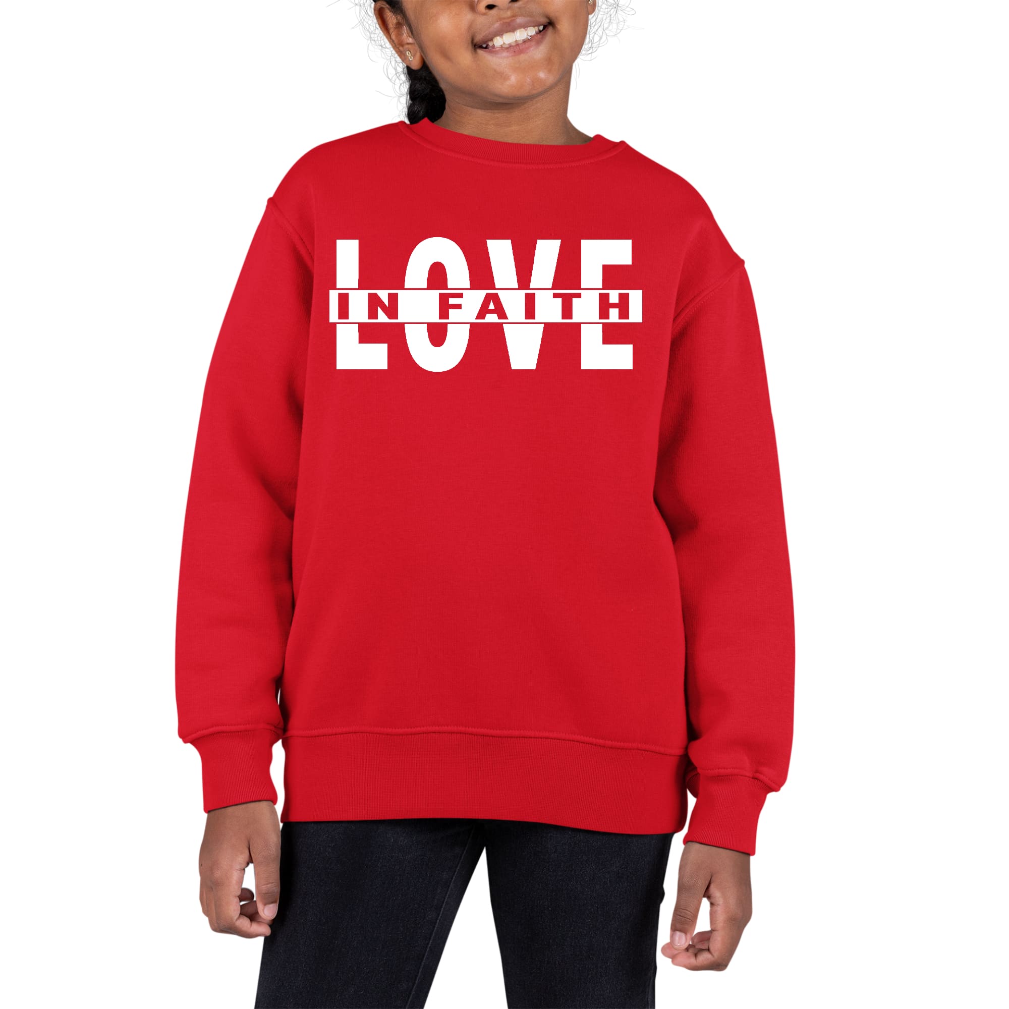 Youth Graphic Sweatshirt featuring 'Love in Faith' design, long sleeves, and ribbed collar, cuffs, and waistband.