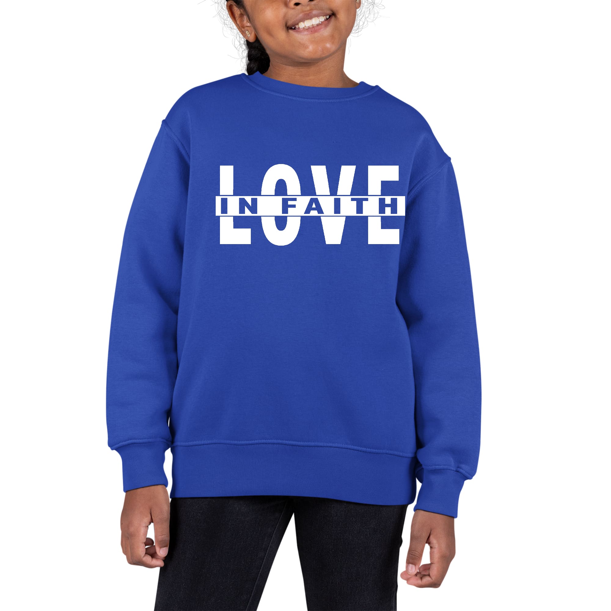 Youth Graphic Sweatshirt featuring 'Love in Faith' design, long sleeves, and ribbed collar, cuffs, and waistband.