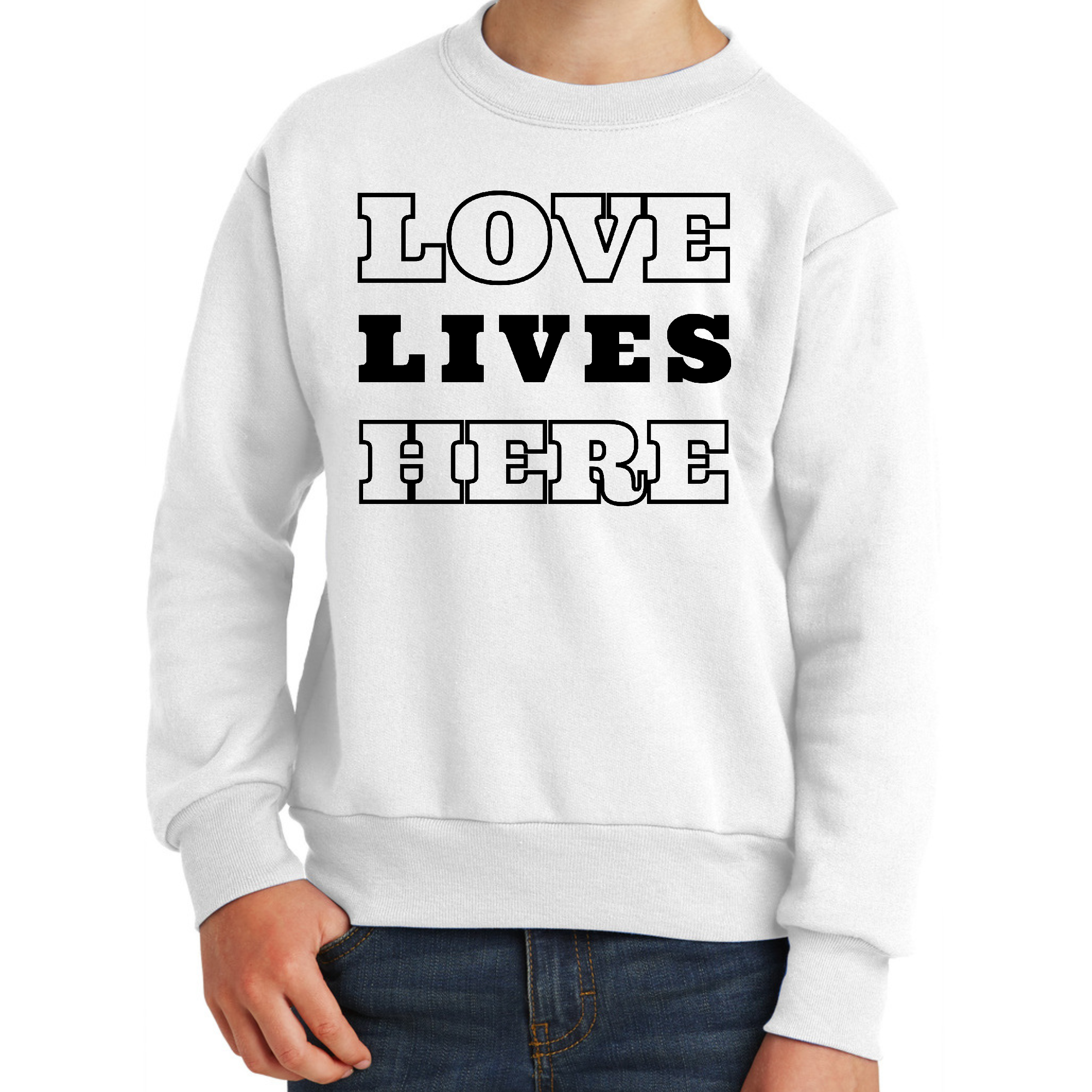 Youth Graphic Sweatshirt featuring 'Love Lives Here' design, showcasing a comfortable crewneck style with ribbed cuffs and waistband.