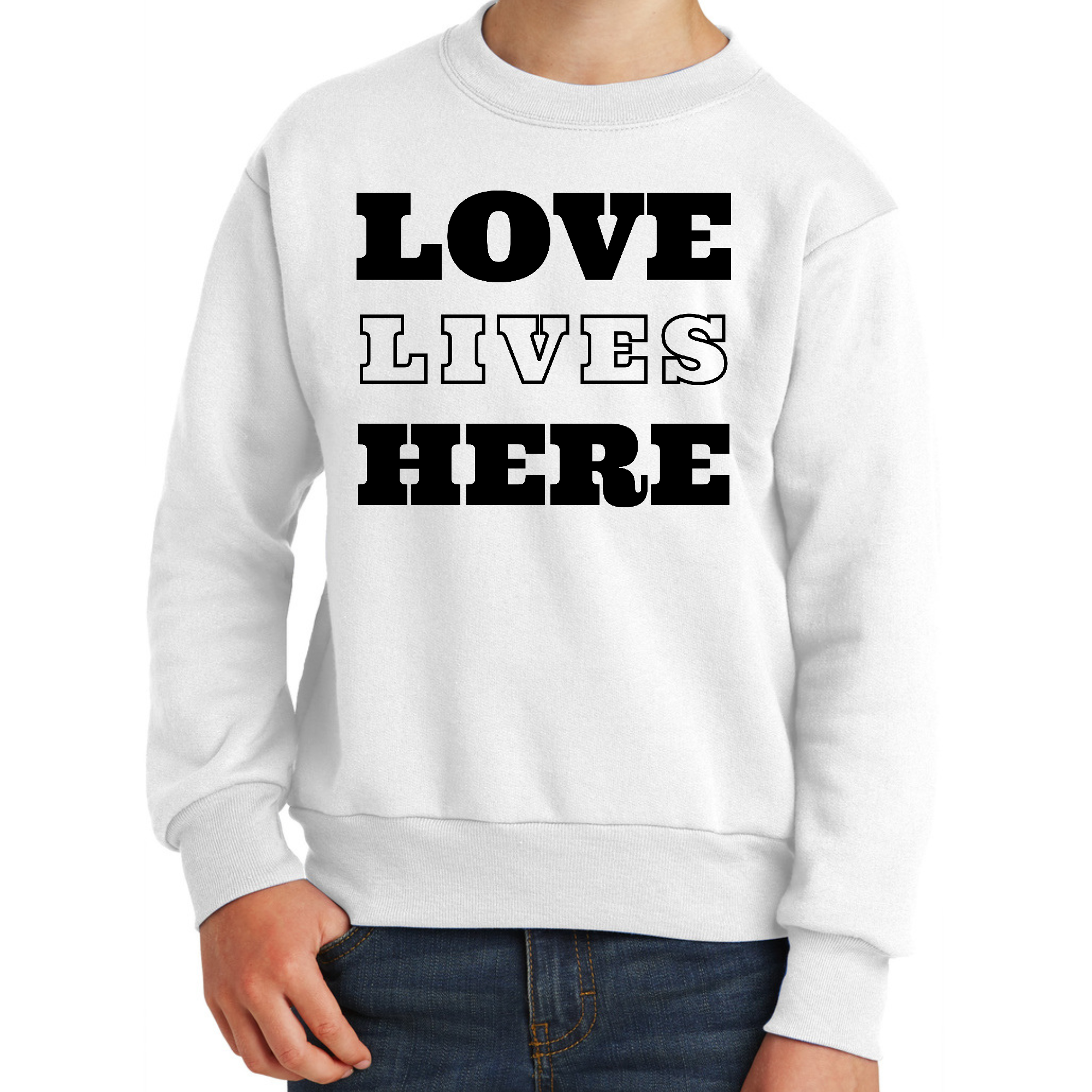 Youth Graphic Sweatshirt featuring 'Love Lives Here' design, showcasing a comfortable crewneck style with ribbed details.