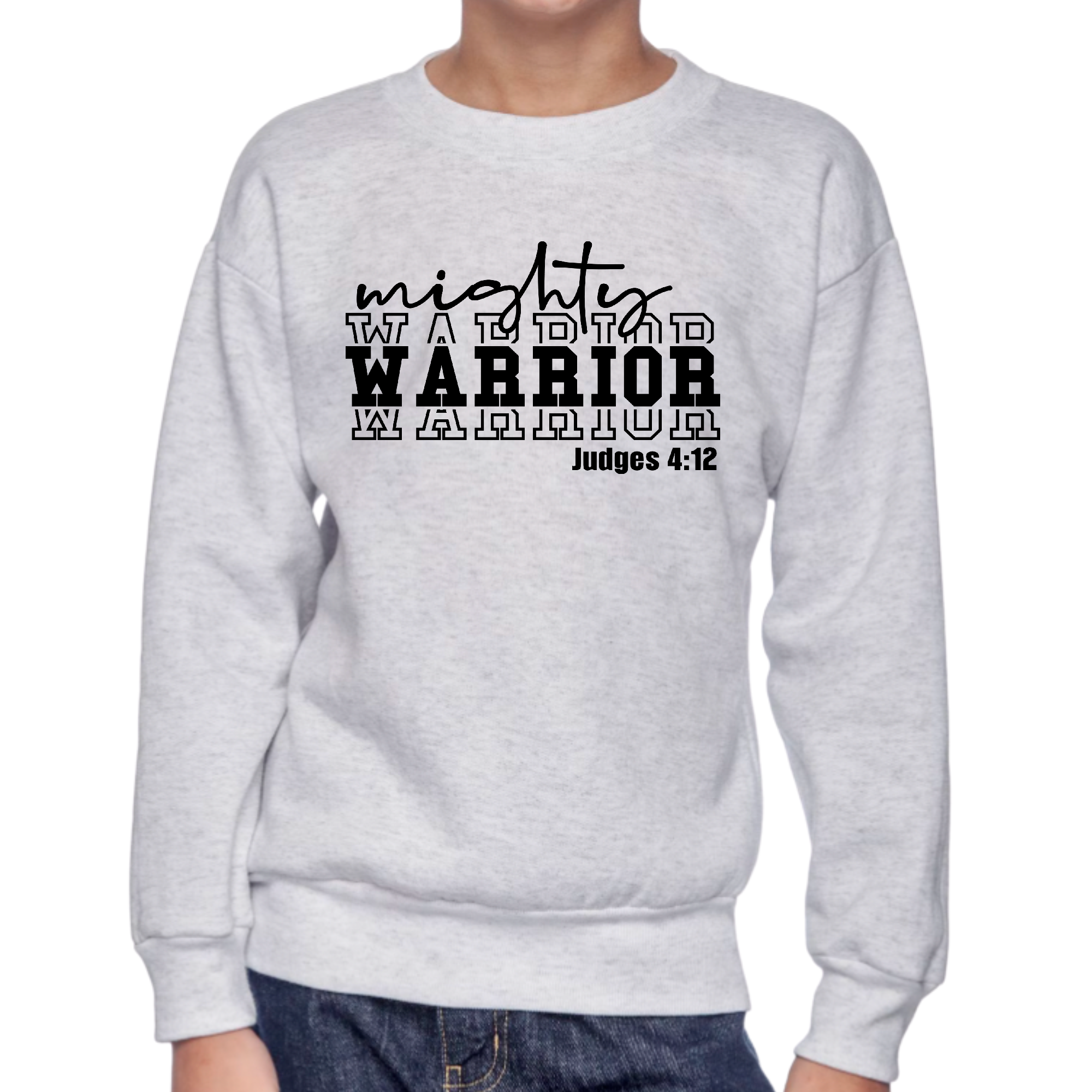 Youth graphic sweatshirt in black featuring a Mighty Warrior illustration, designed for boys with long sleeves and ribbed cuffs.