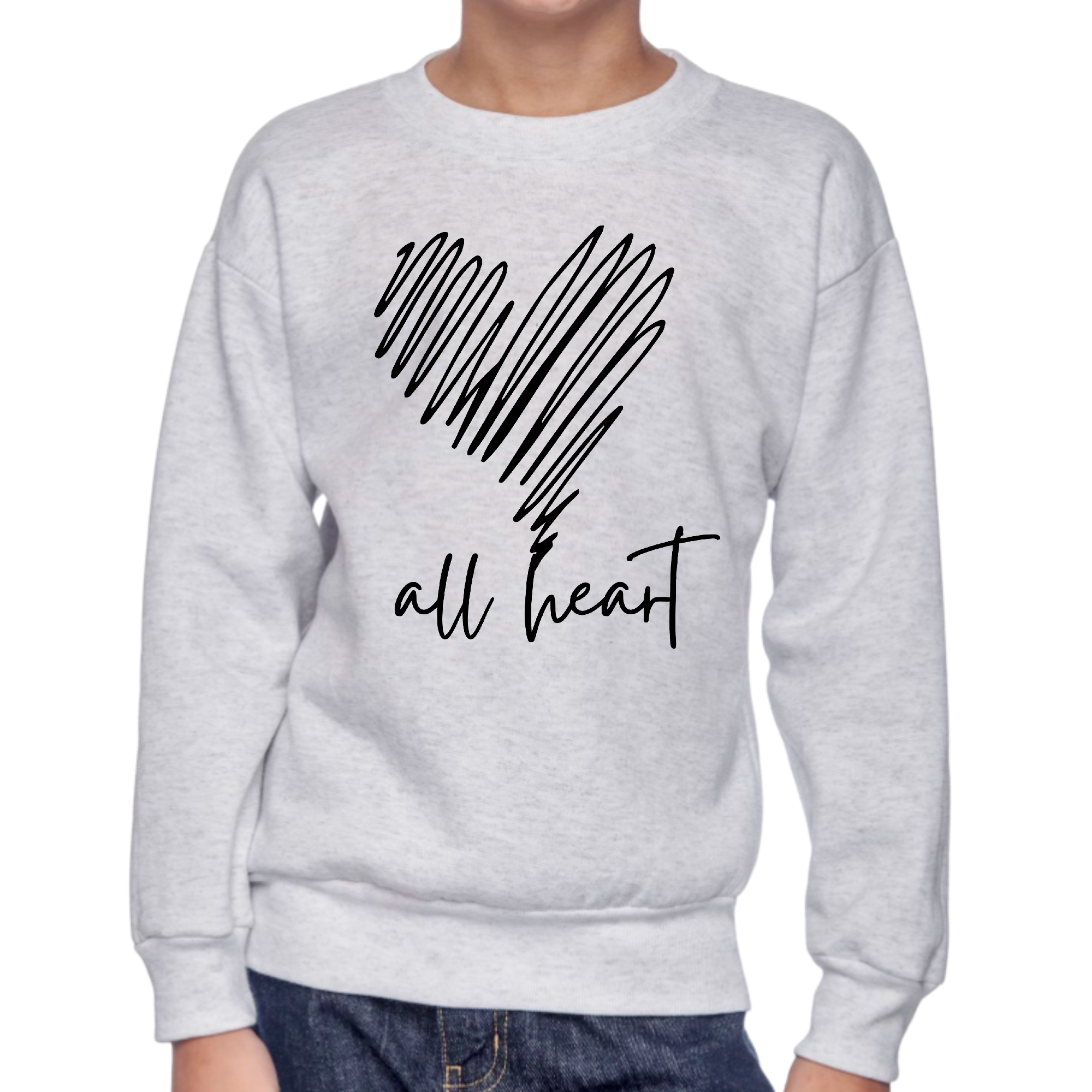 Youth graphic sweatshirt with 'Say it Soul, All Heart' line art design, featuring long sleeves and ribbed collar.