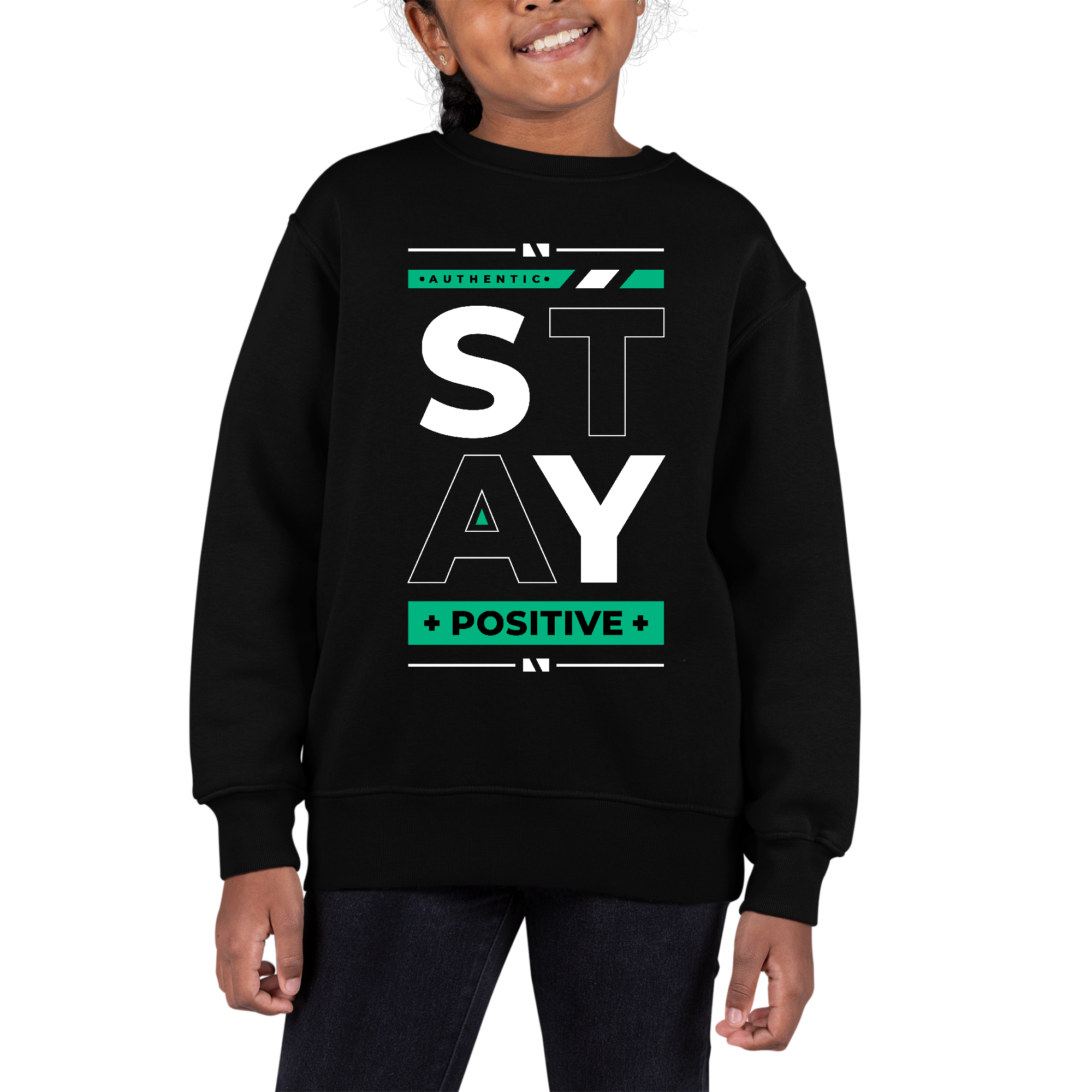 Youth Graphic Sweatshirt Stay Positive featuring a stylish crewneck design, ribbed collar, and long sleeves in a comfortable fit.