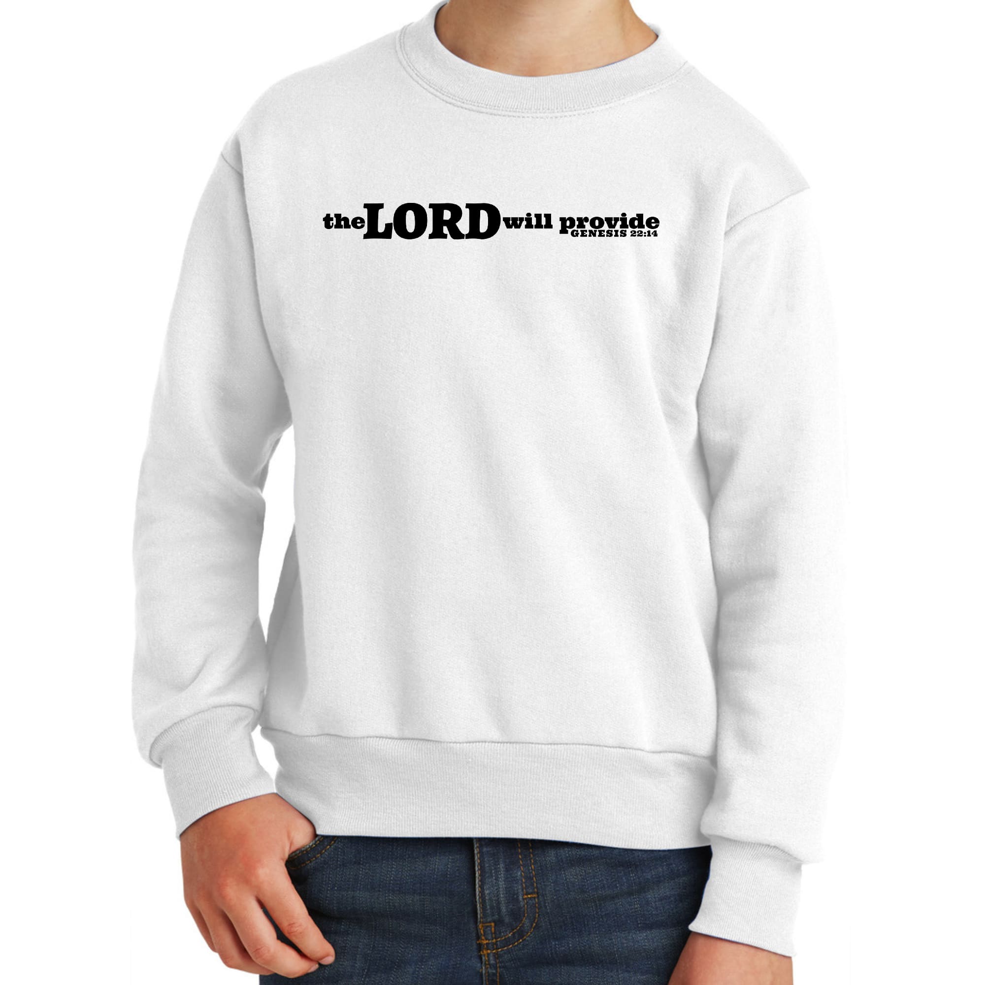 Black youth graphic sweatshirt with 'The Lord Will Provide' print, featuring a comfortable crewneck design.