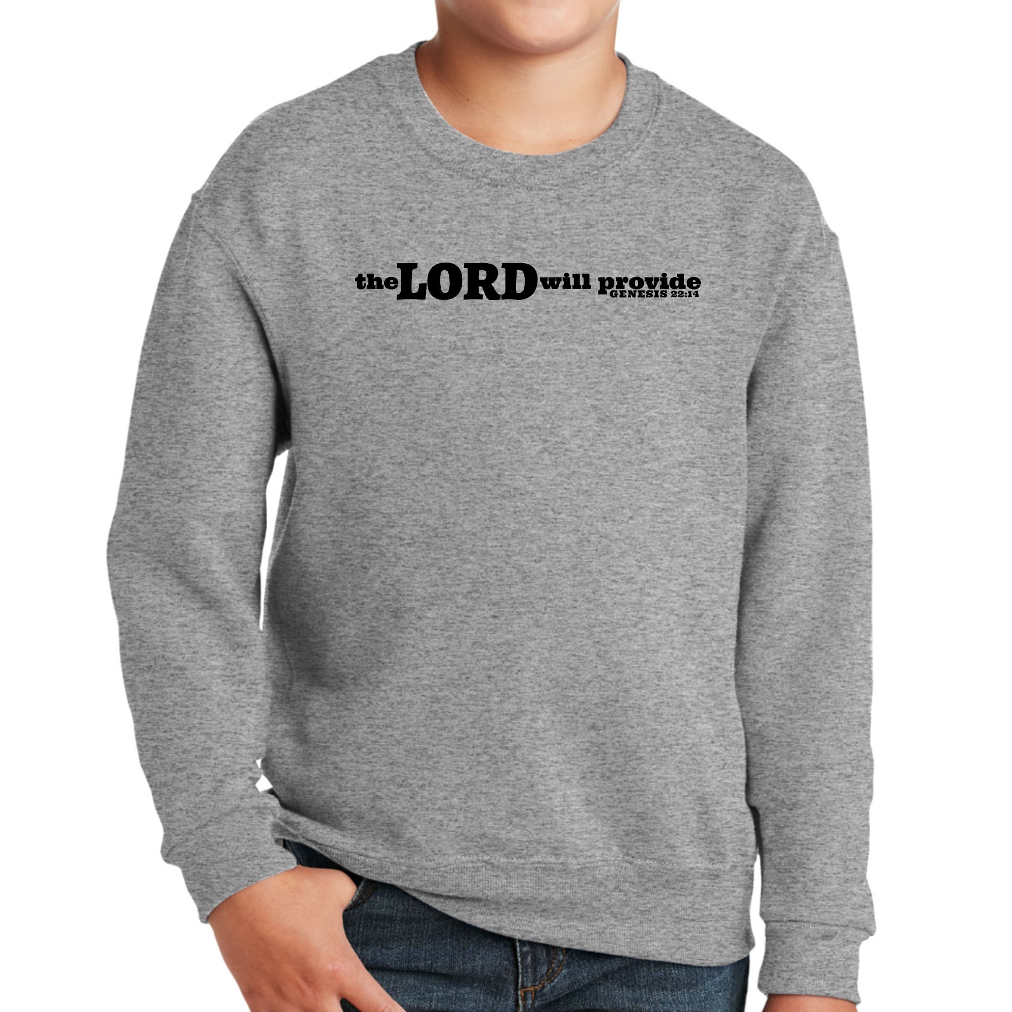 Black youth graphic sweatshirt with 'The Lord Will Provide' print, featuring a comfortable crewneck design.