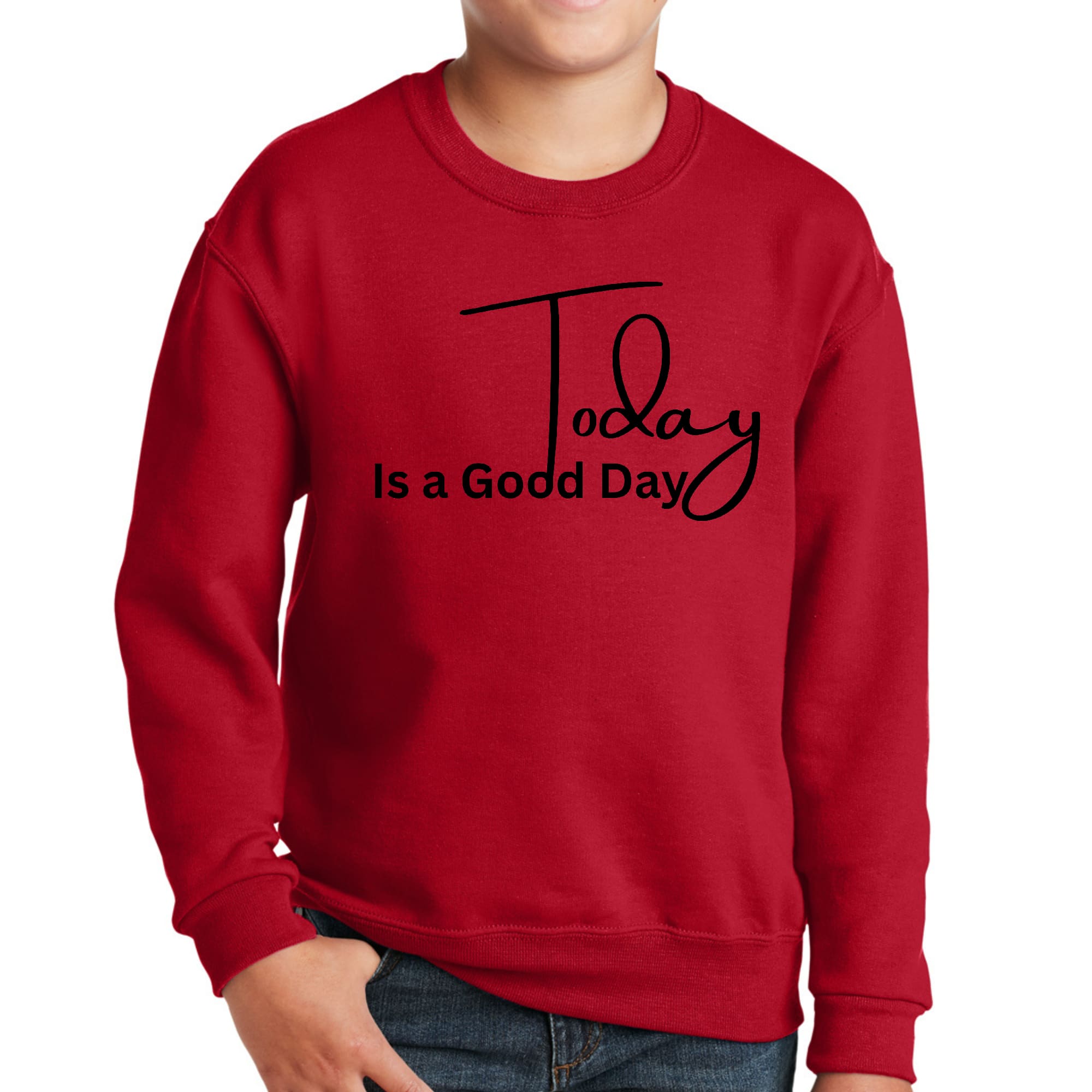 Youth Graphic Sweatshirt featuring 'Today is a Good Day' black illustration, designed for comfort and durability.