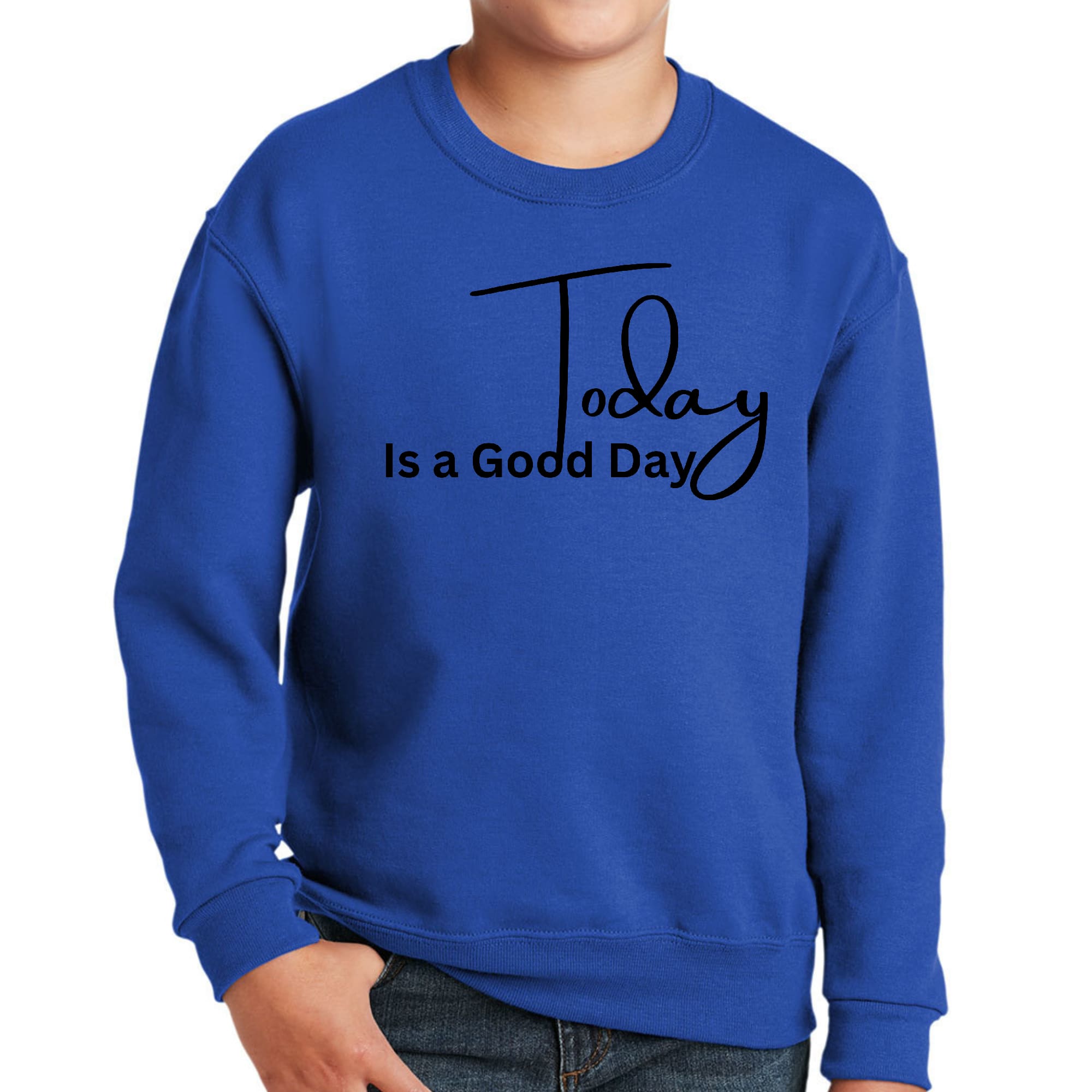 Youth Graphic Sweatshirt featuring 'Today is a Good Day' black illustration, designed for comfort and durability.