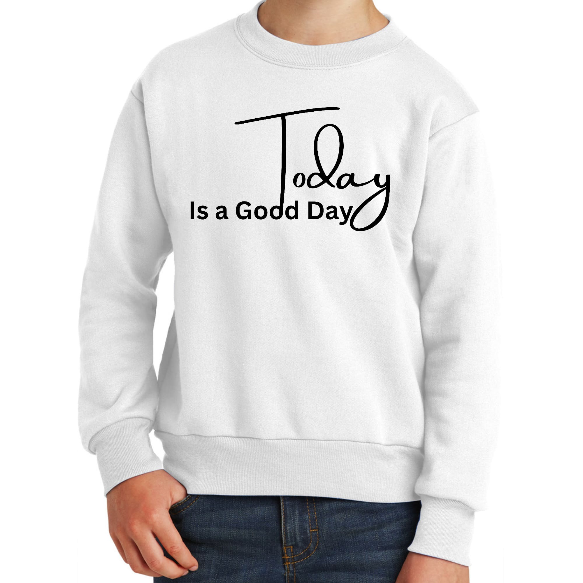 Youth Graphic Sweatshirt featuring 'Today is a Good Day' black illustration, designed for comfort and durability.