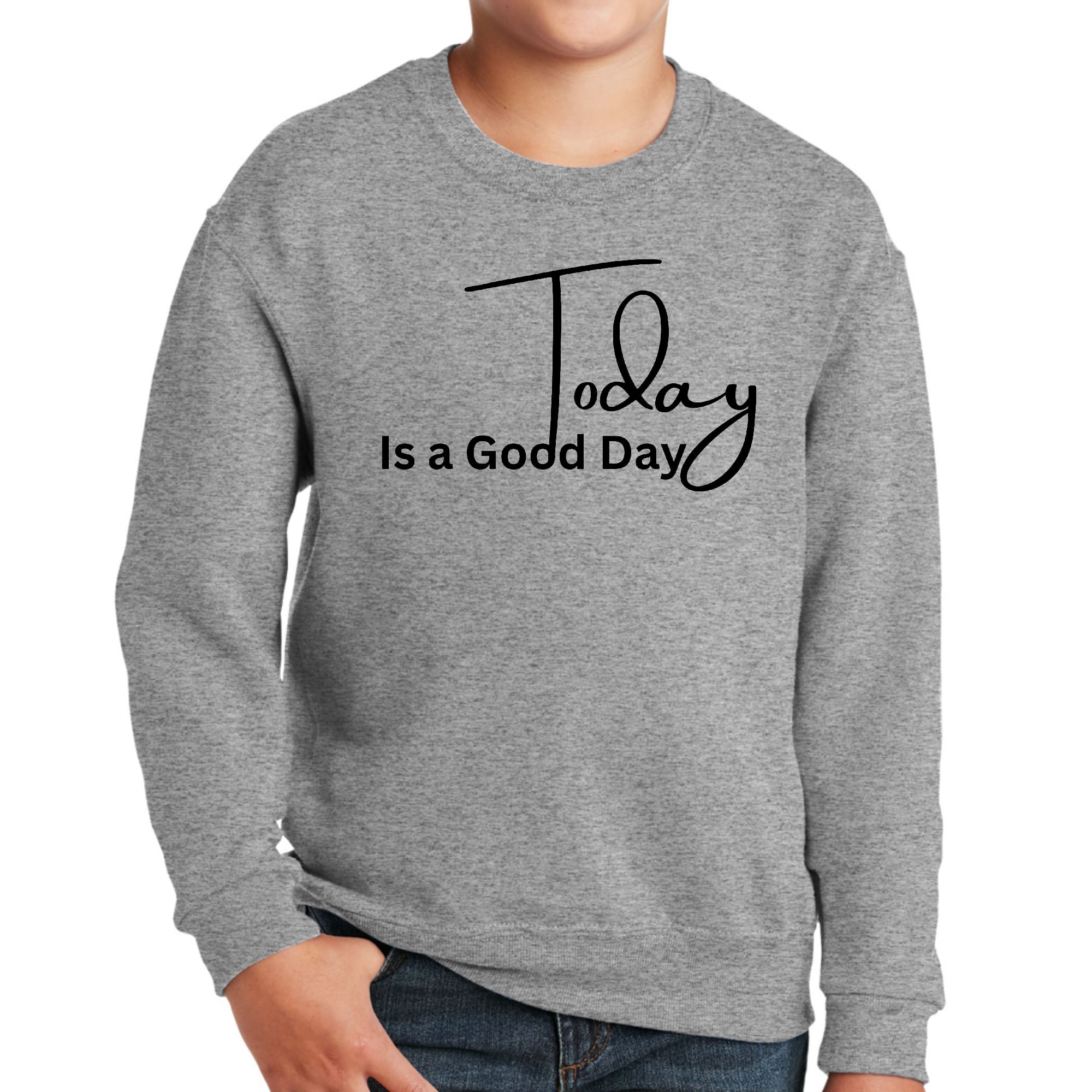 Youth Graphic Sweatshirt featuring 'Today is a Good Day' black illustration, designed for comfort and durability.