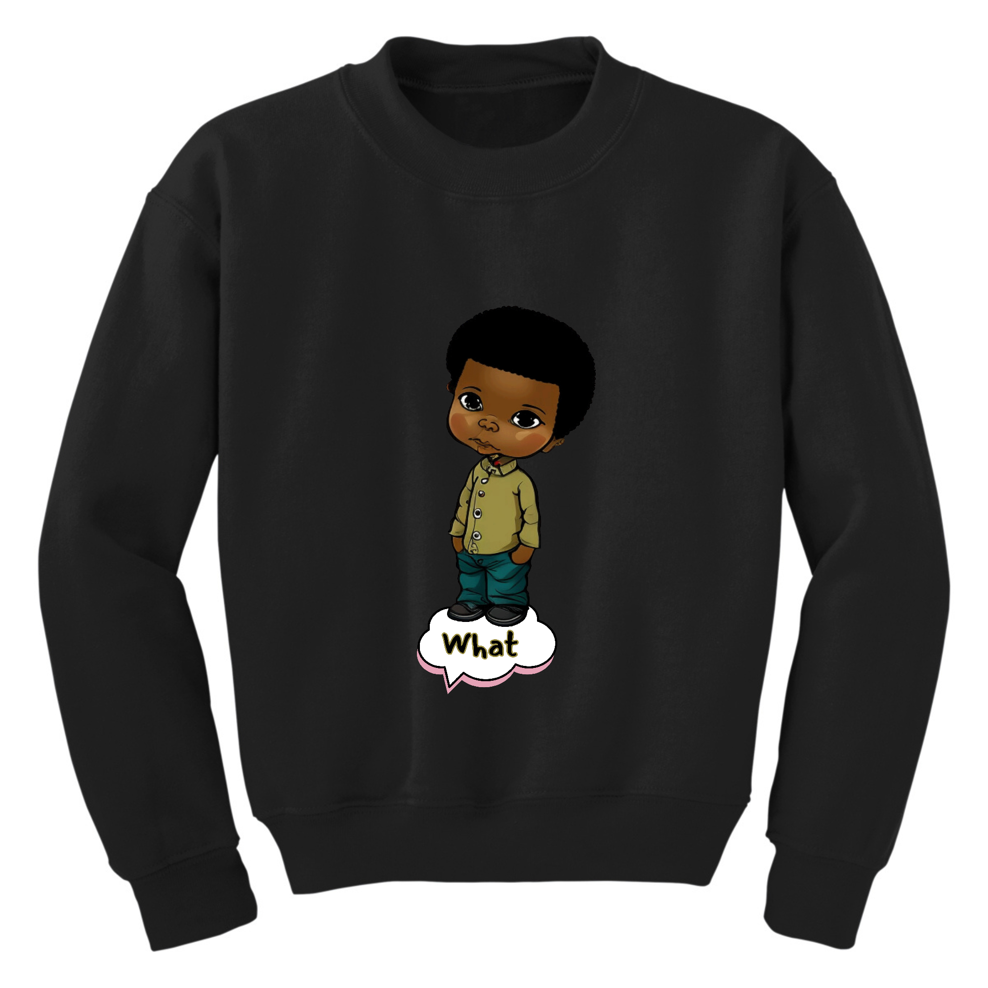 Youth Graphic Sweatshirt featuring an African American boy illustration, showcasing vibrant colors and a comfortable crewneck design.