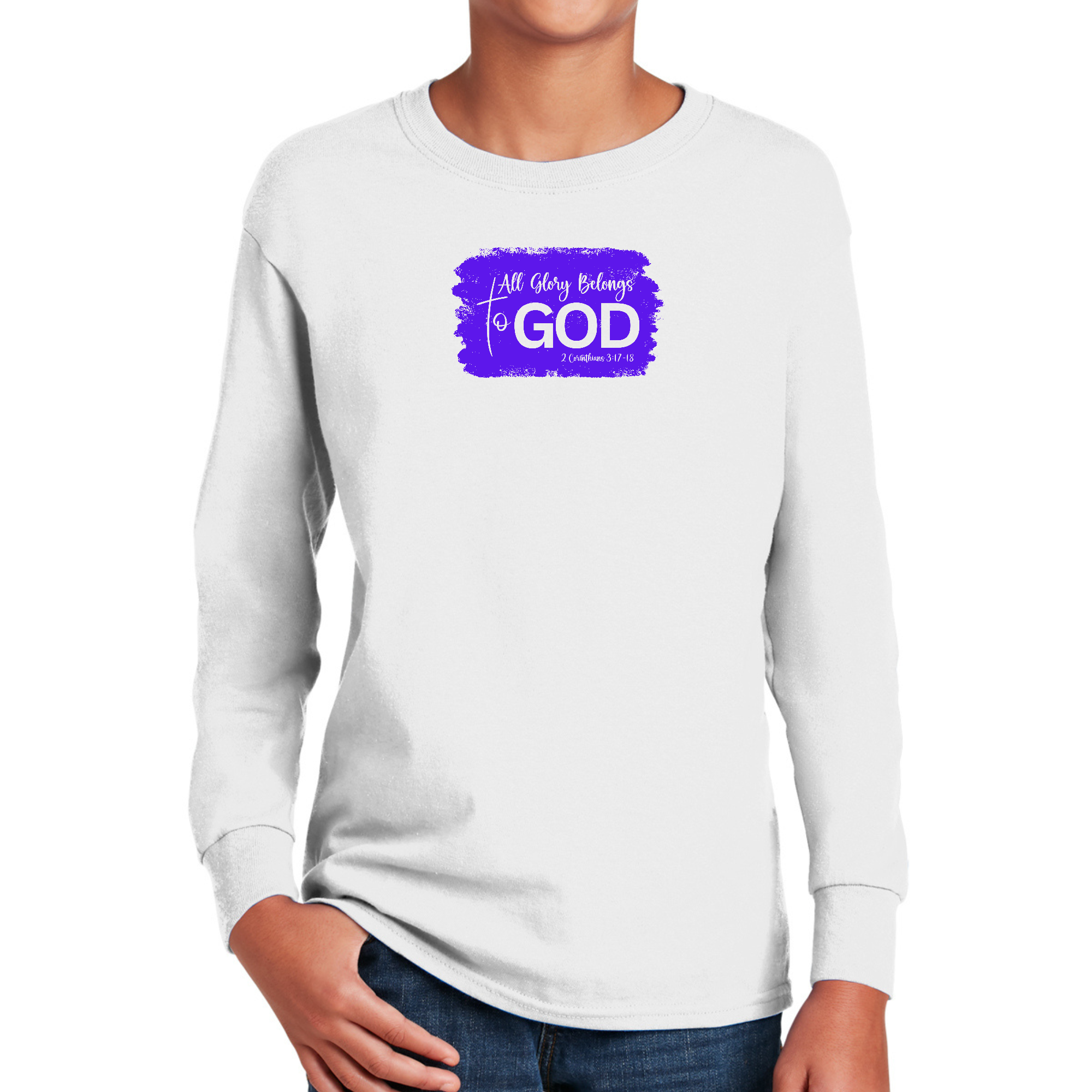 Youth Long Sleeve Graphic T-shirt in purple with 'All Glory Belongs to God' design, showcasing a stylish and comfortable fit.