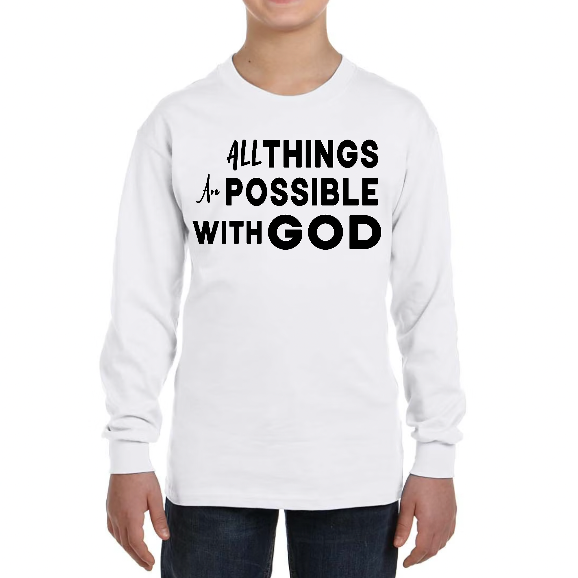 Youth long sleeve graphic t-shirt with inspirational message 'All Things are Possible with God', made from soft cotton material.