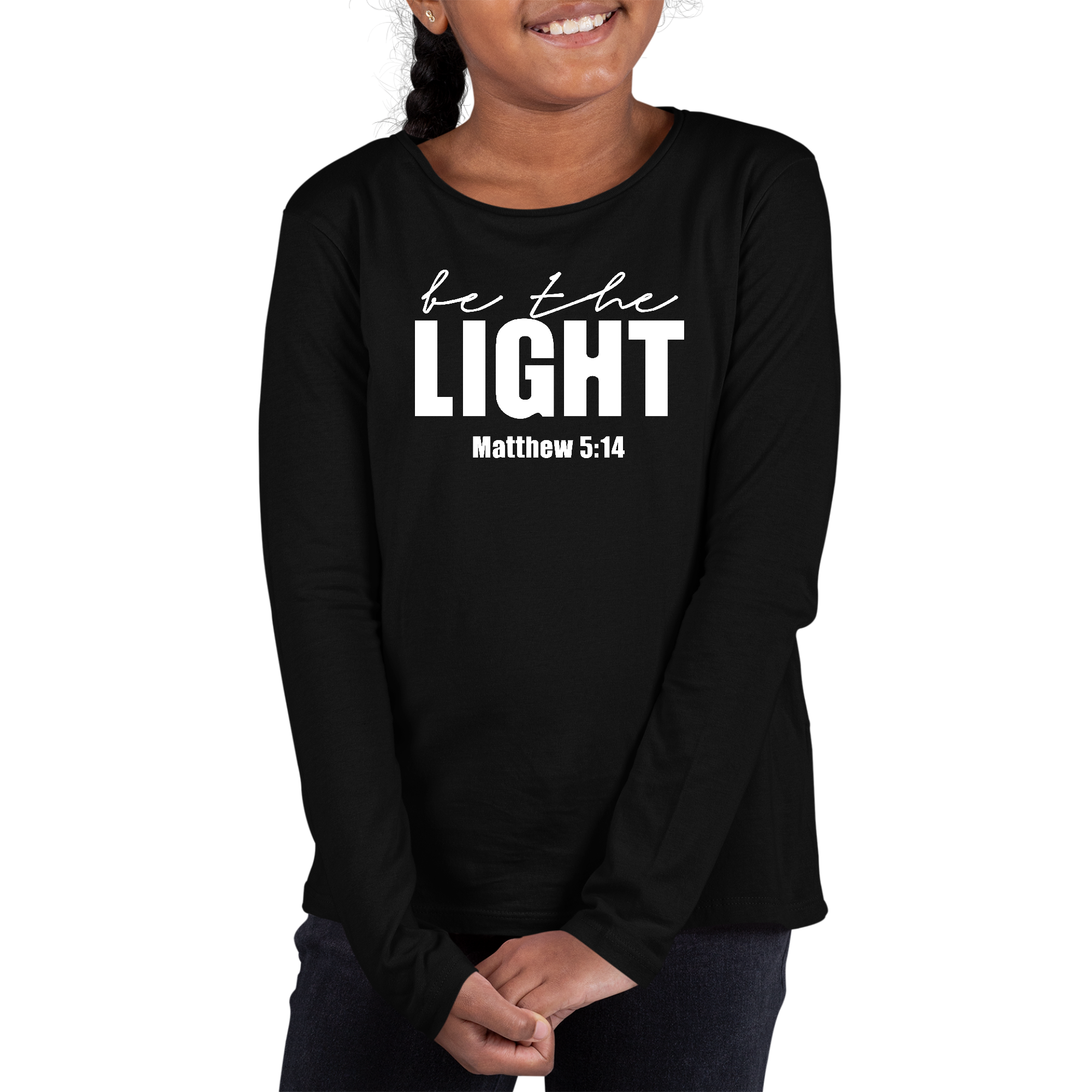 Youth Long Sleeve Graphic T-shirt featuring 'Be the Light' inspirational art illustration in vibrant colors, made from soft cotton.