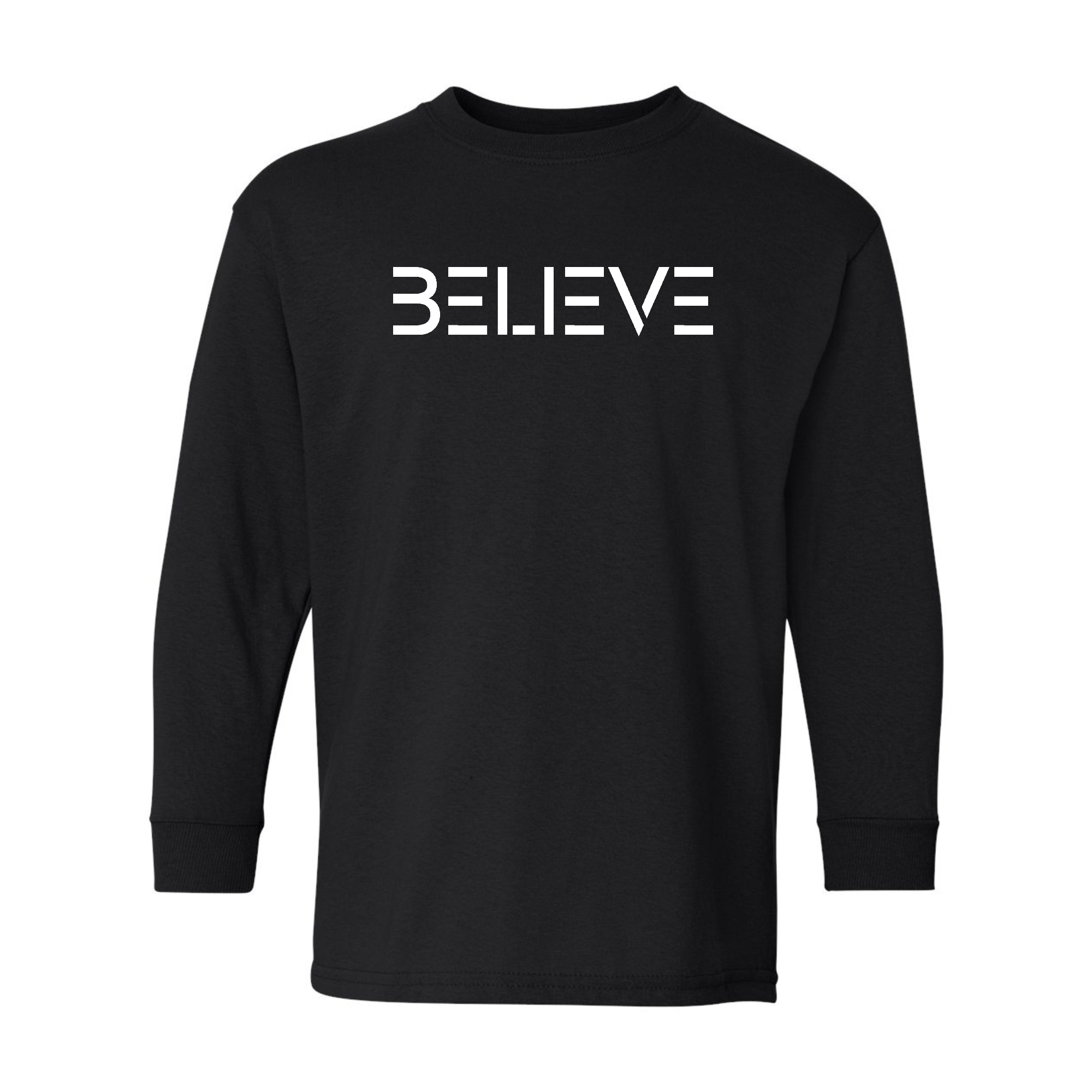 Youth Long Sleeve Graphic T-shirt featuring a motivational 'Believe' print in white on a soft cotton fabric.