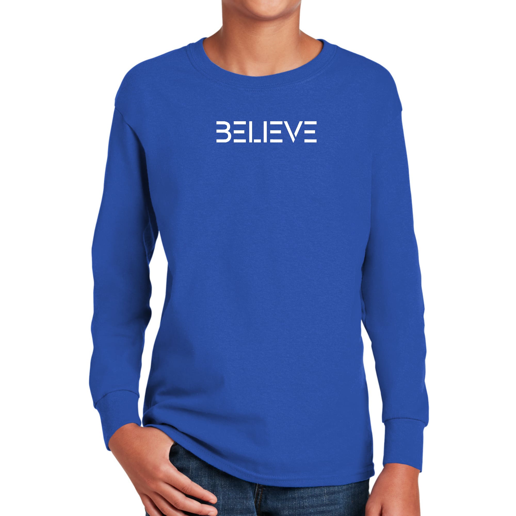 Youth Long Sleeve Graphic T-shirt featuring a motivational 'Believe' print in white on a soft cotton fabric.