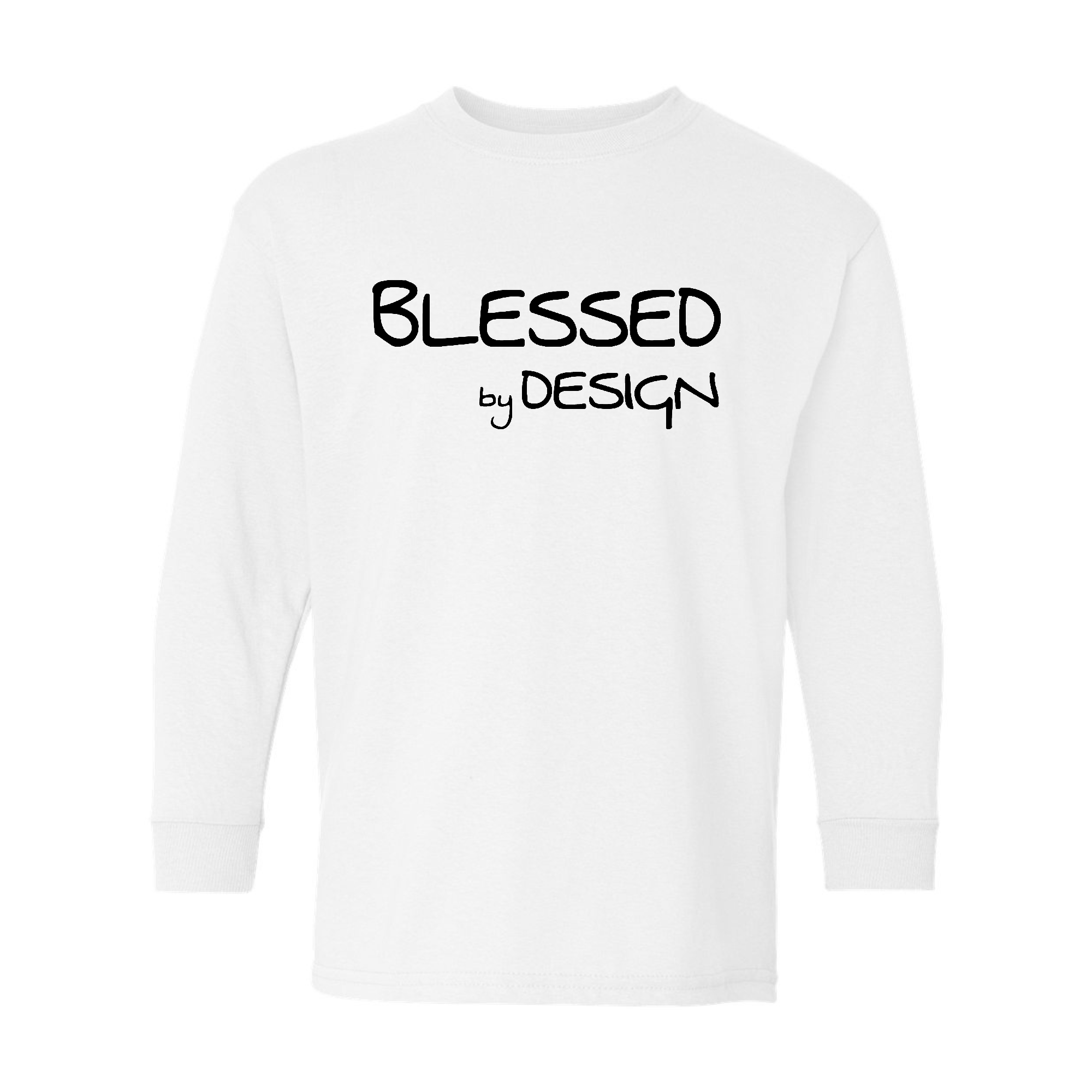 Youth Long Sleeve Graphic T-shirt in black with 'Blessed by Design' inspirational print, made from soft preshrunk cotton.