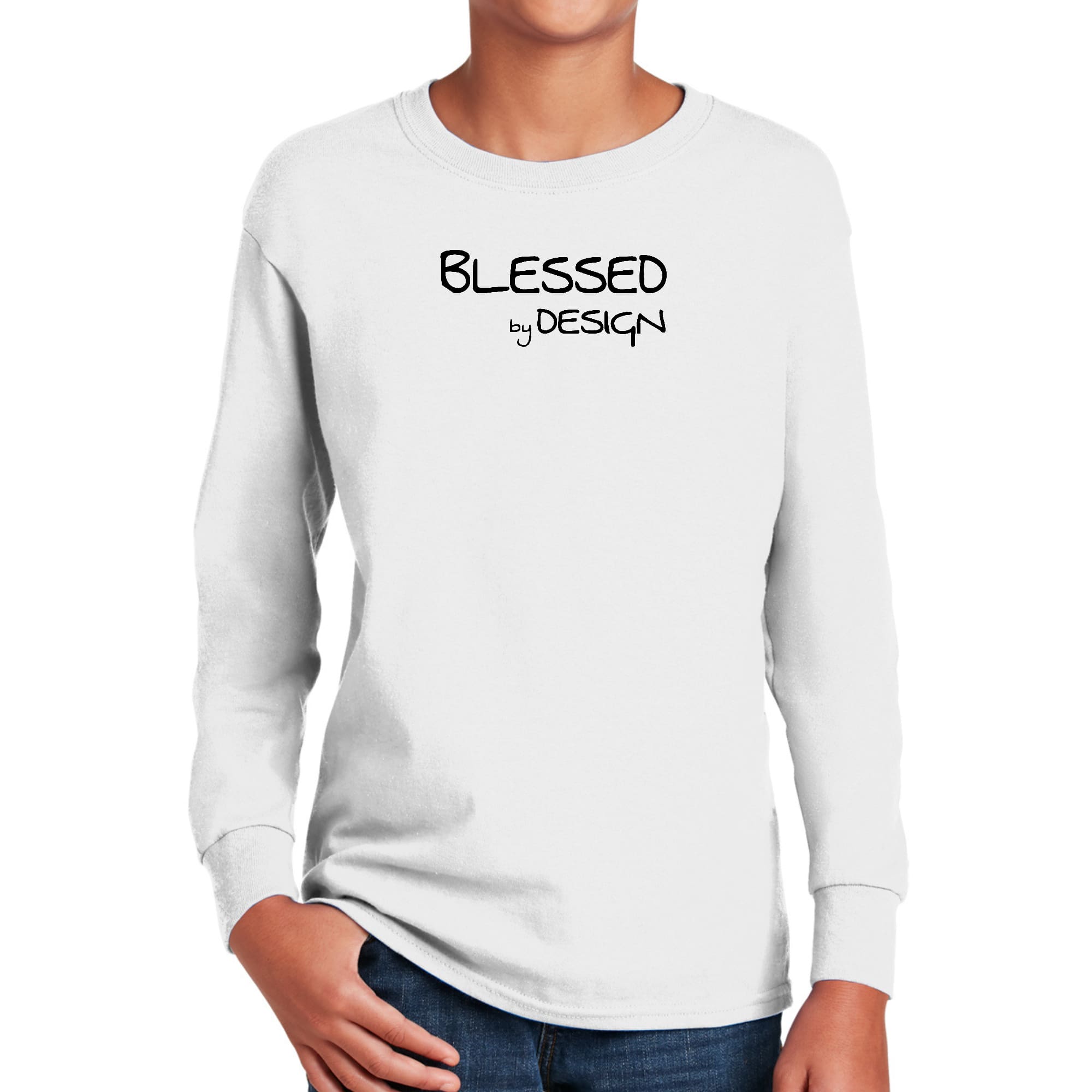 Youth Long Sleeve Graphic T-shirt in black with 'Blessed by Design' inspirational print, made from soft preshrunk cotton.