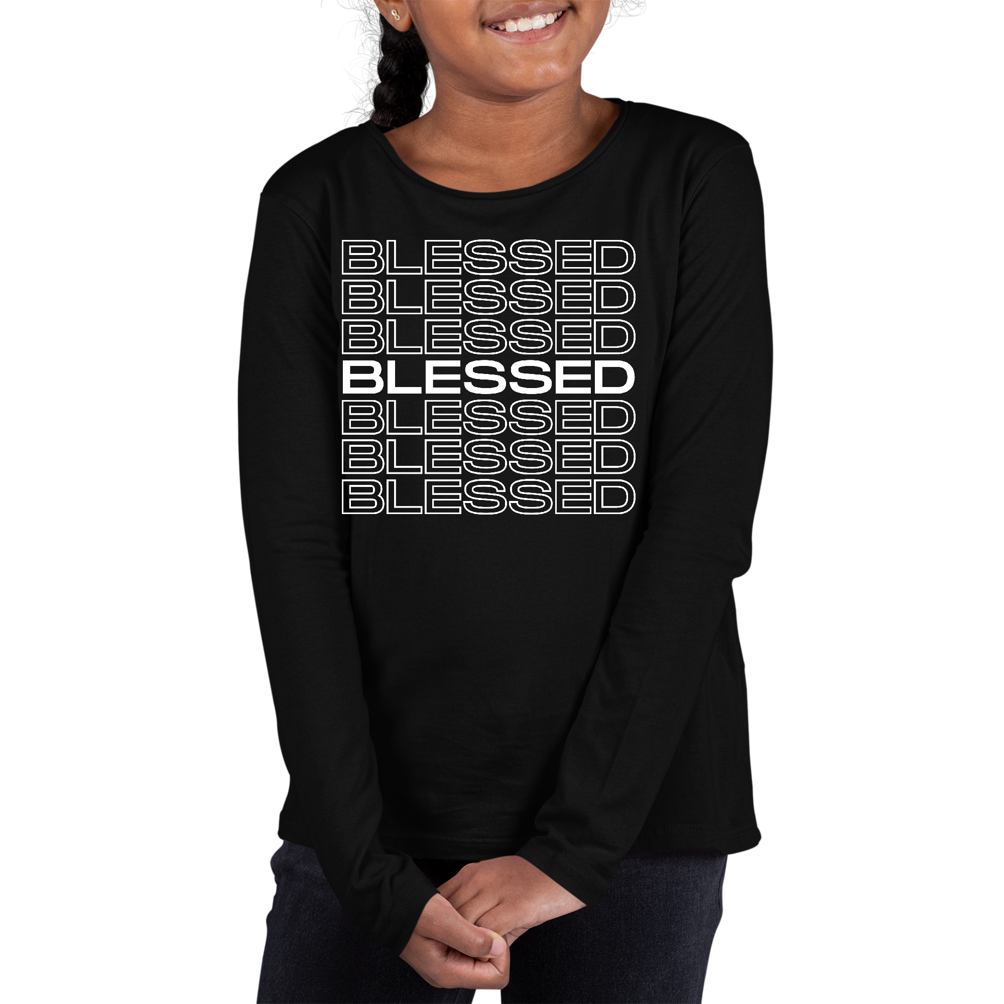 Youth long sleeve graphic T-shirt featuring a Blessed Stacked Print, made from soft preshrunk cotton with a classic fit.