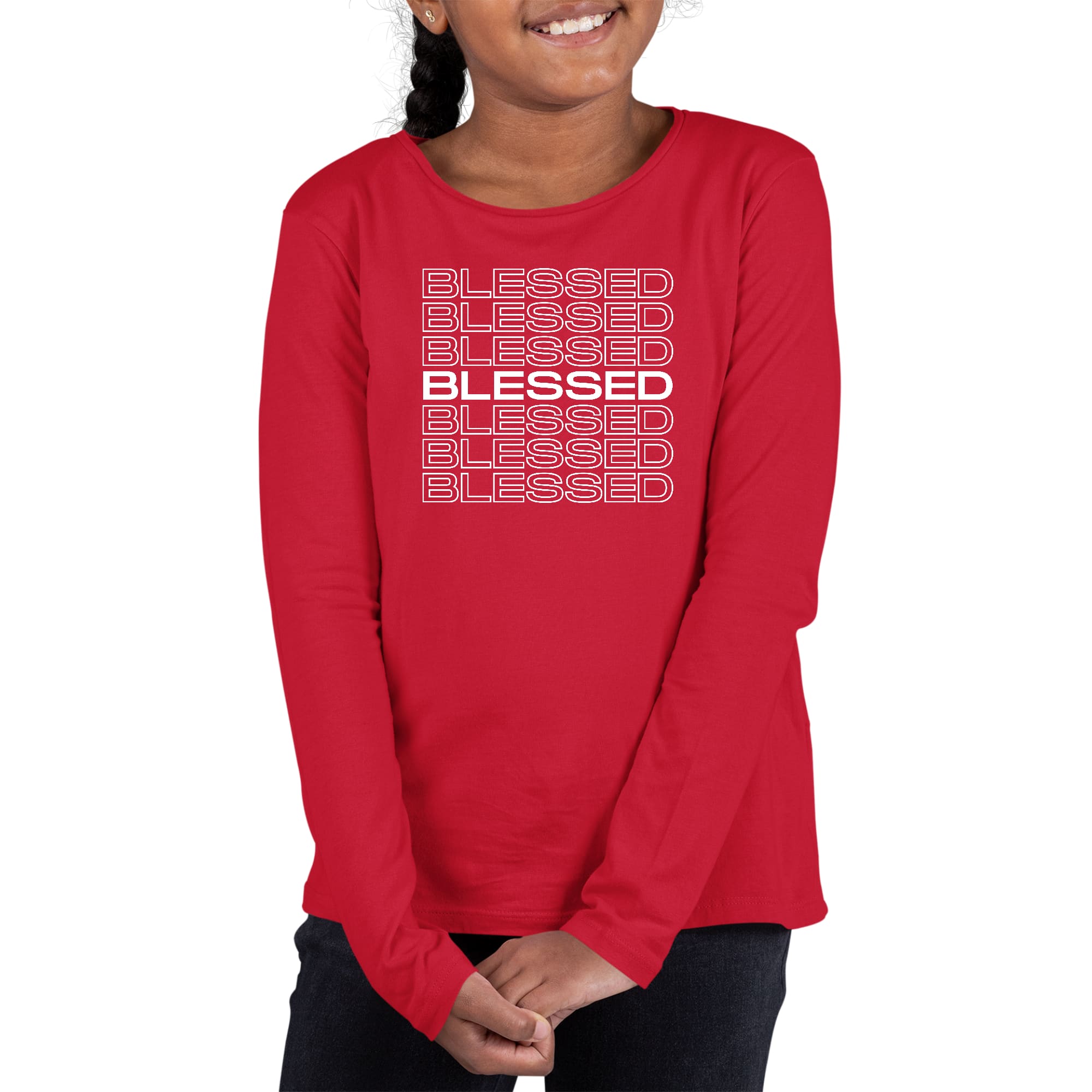 Youth long sleeve graphic T-shirt featuring a Blessed Stacked Print, made from soft preshrunk cotton with a classic fit.