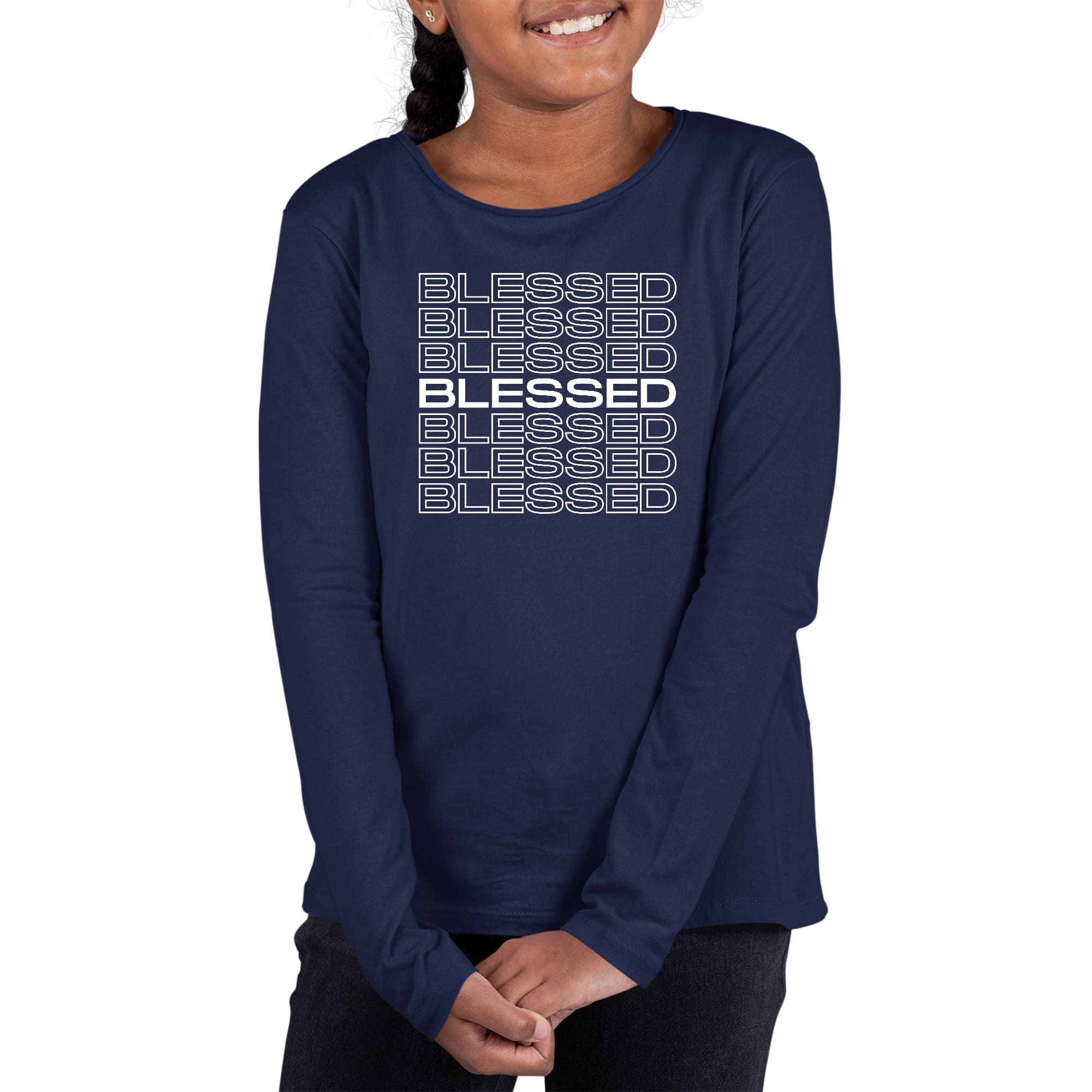 Youth long sleeve graphic T-shirt featuring a Blessed Stacked Print, made from soft preshrunk cotton with a classic fit.