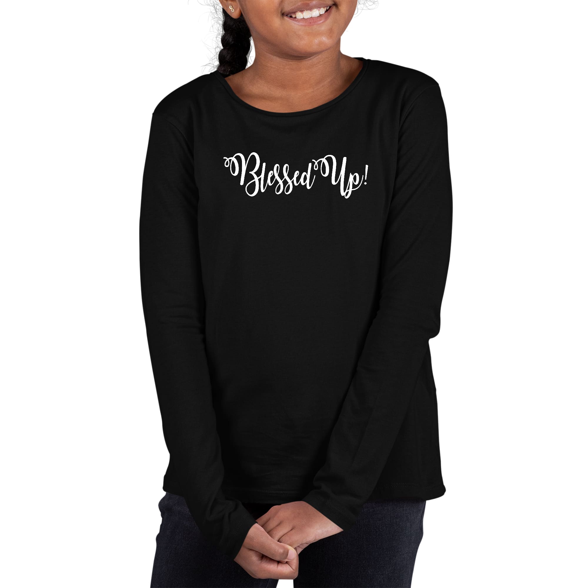 Youth Long Sleeve Graphic T-shirt featuring the Blessed Up motivational quote, made from soft preshrunk cotton with a classic fit.