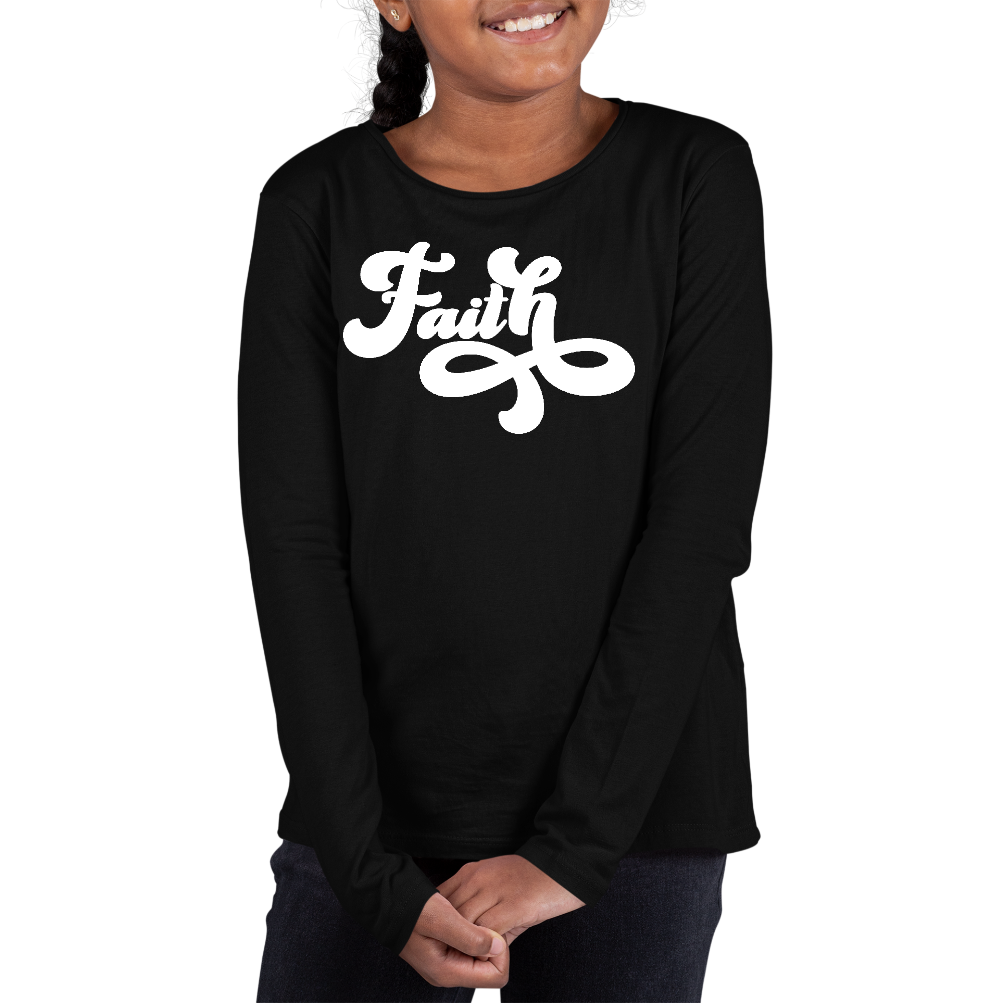 Youth Long Sleeve Graphic T-shirt featuring a Faith Script illustration, made from soft cotton material with a unisex fit.