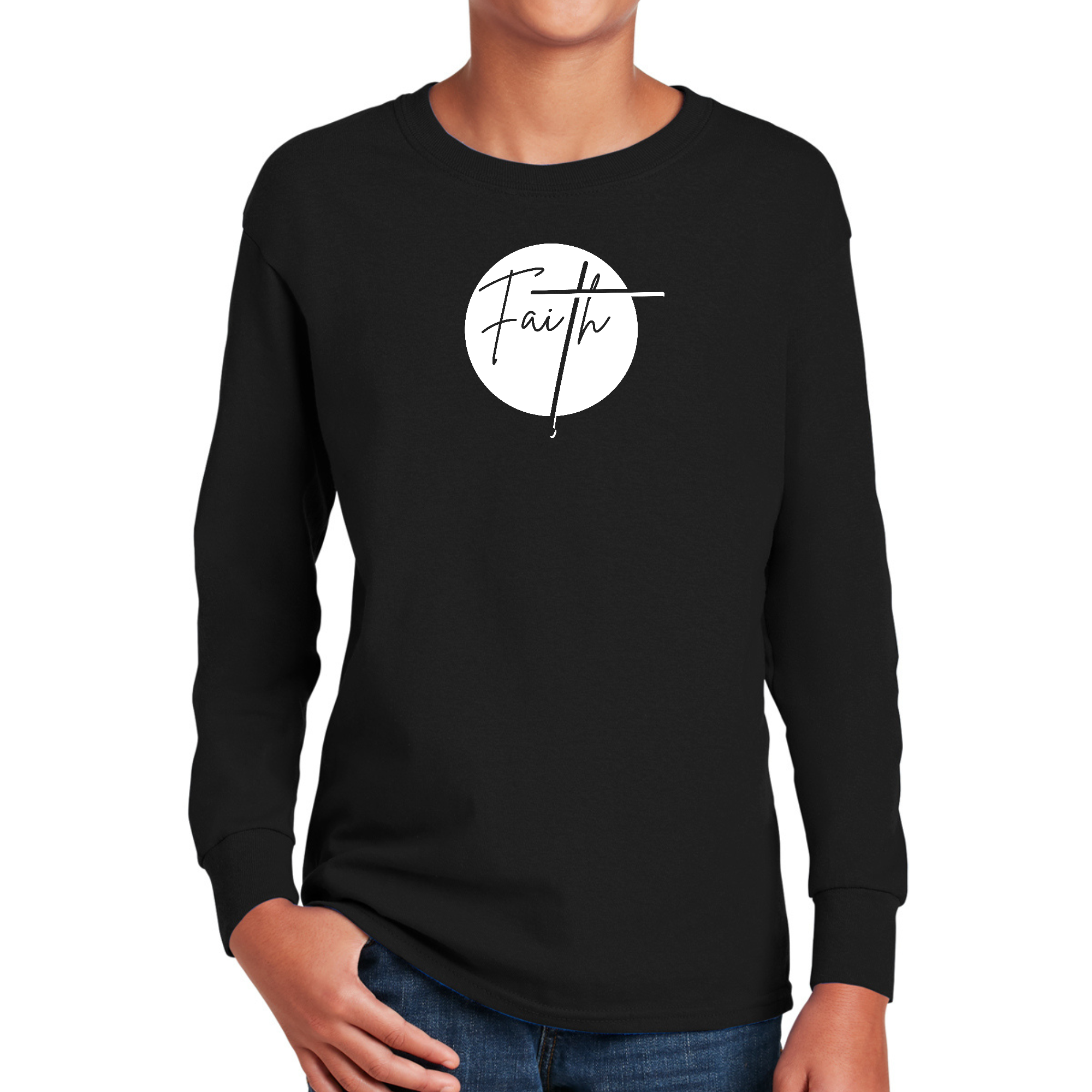 Youth Long Sleeve Graphic T-shirt featuring a stylish faith design, made from soft cotton fabric.