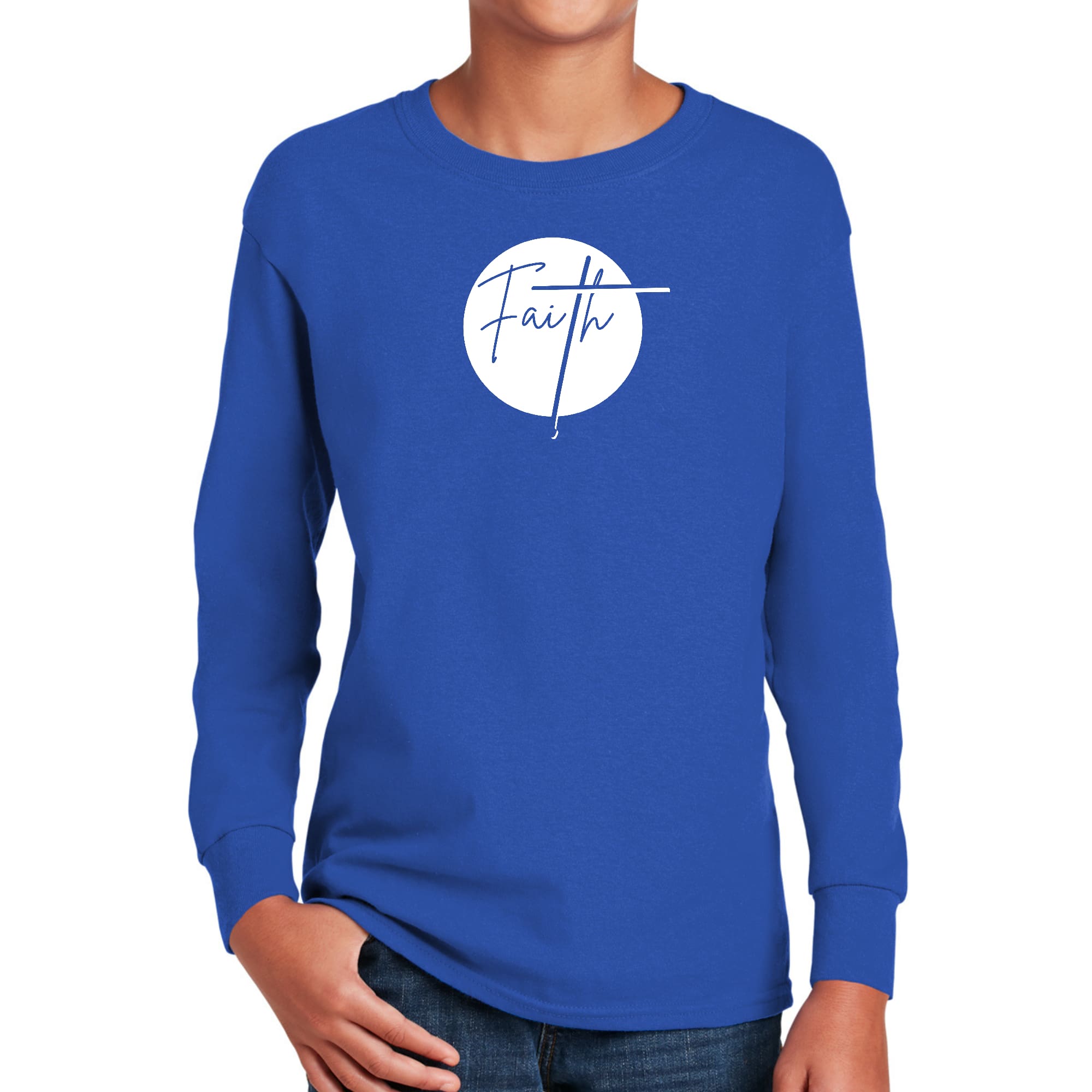 Youth Long Sleeve Graphic T-shirt featuring a stylish faith design, made from soft cotton fabric.