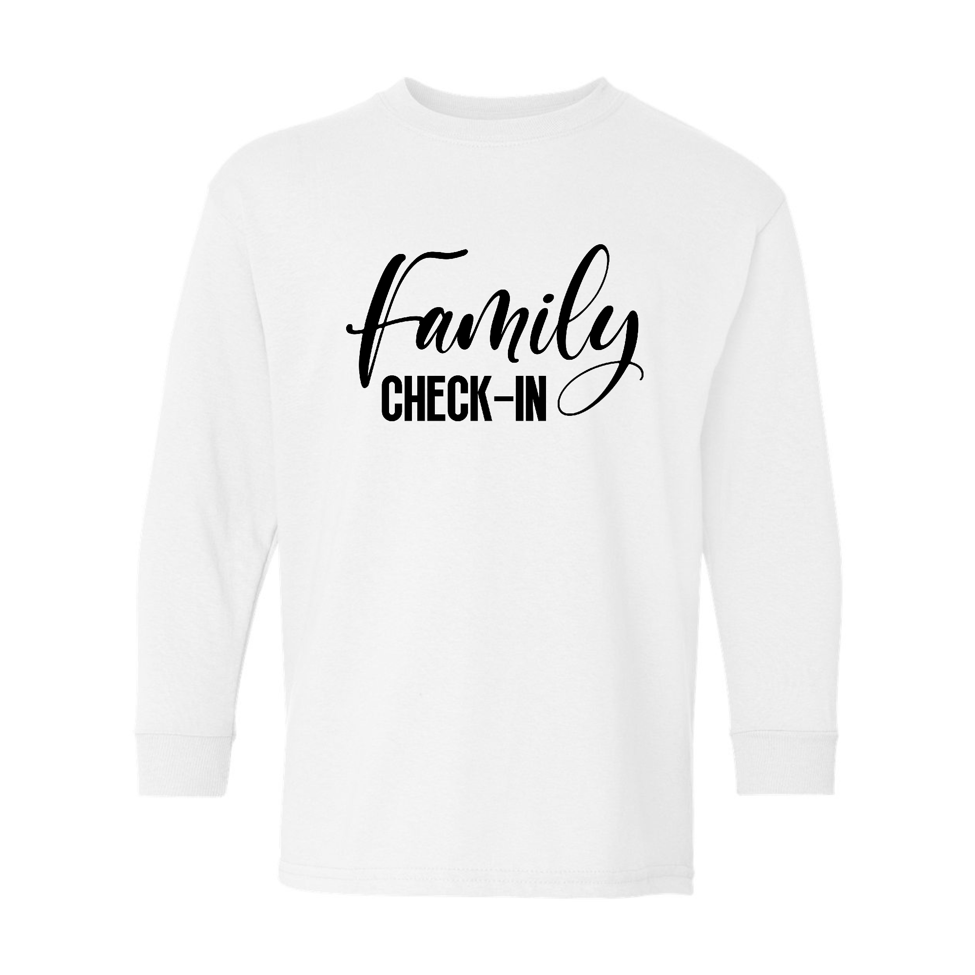 Youth Long Sleeve Graphic T-shirt with Family Check-in illustration, showcasing a stylish design perfect for family gatherings.