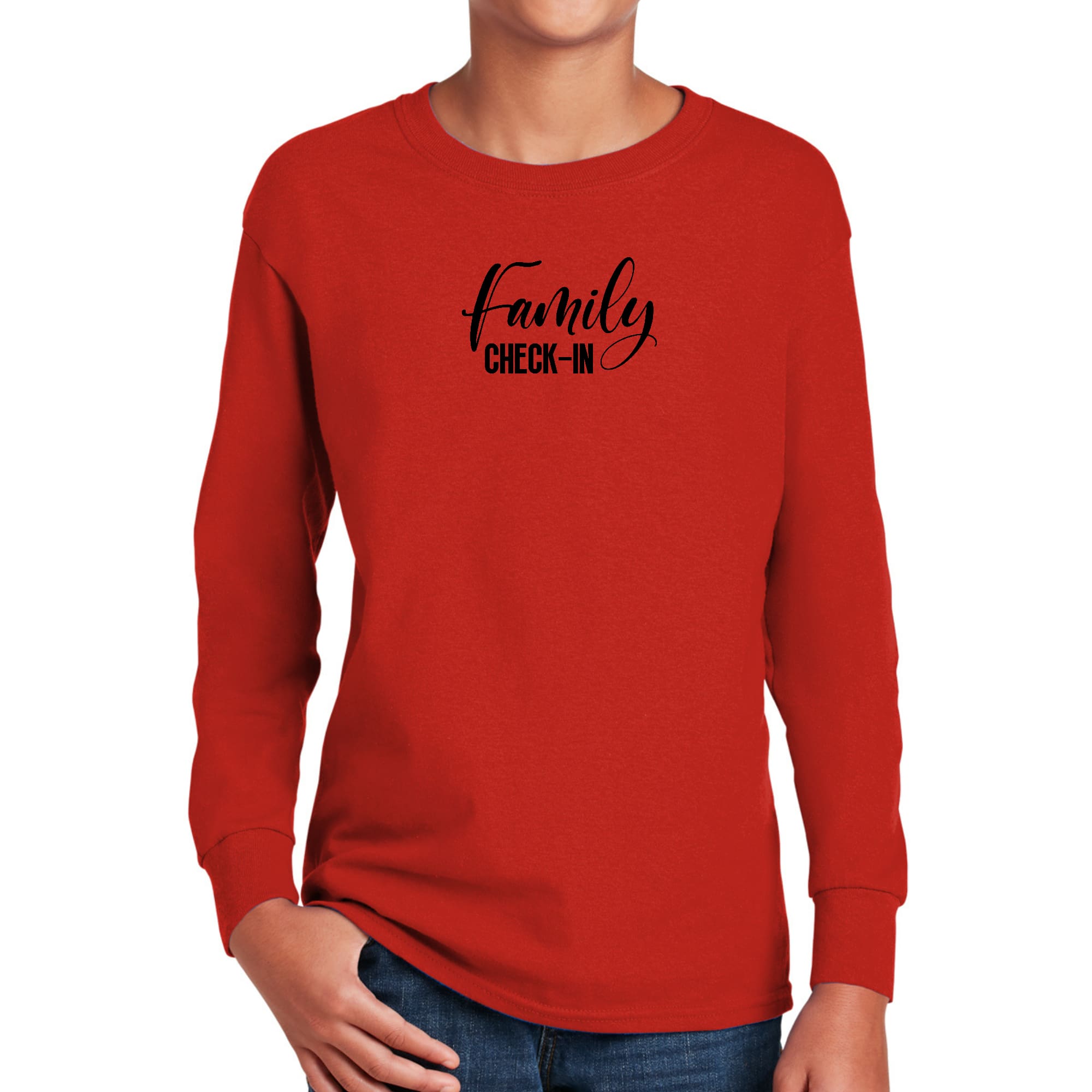 Youth Long Sleeve Graphic T-shirt with Family Check-in illustration, showcasing a stylish design perfect for family gatherings.