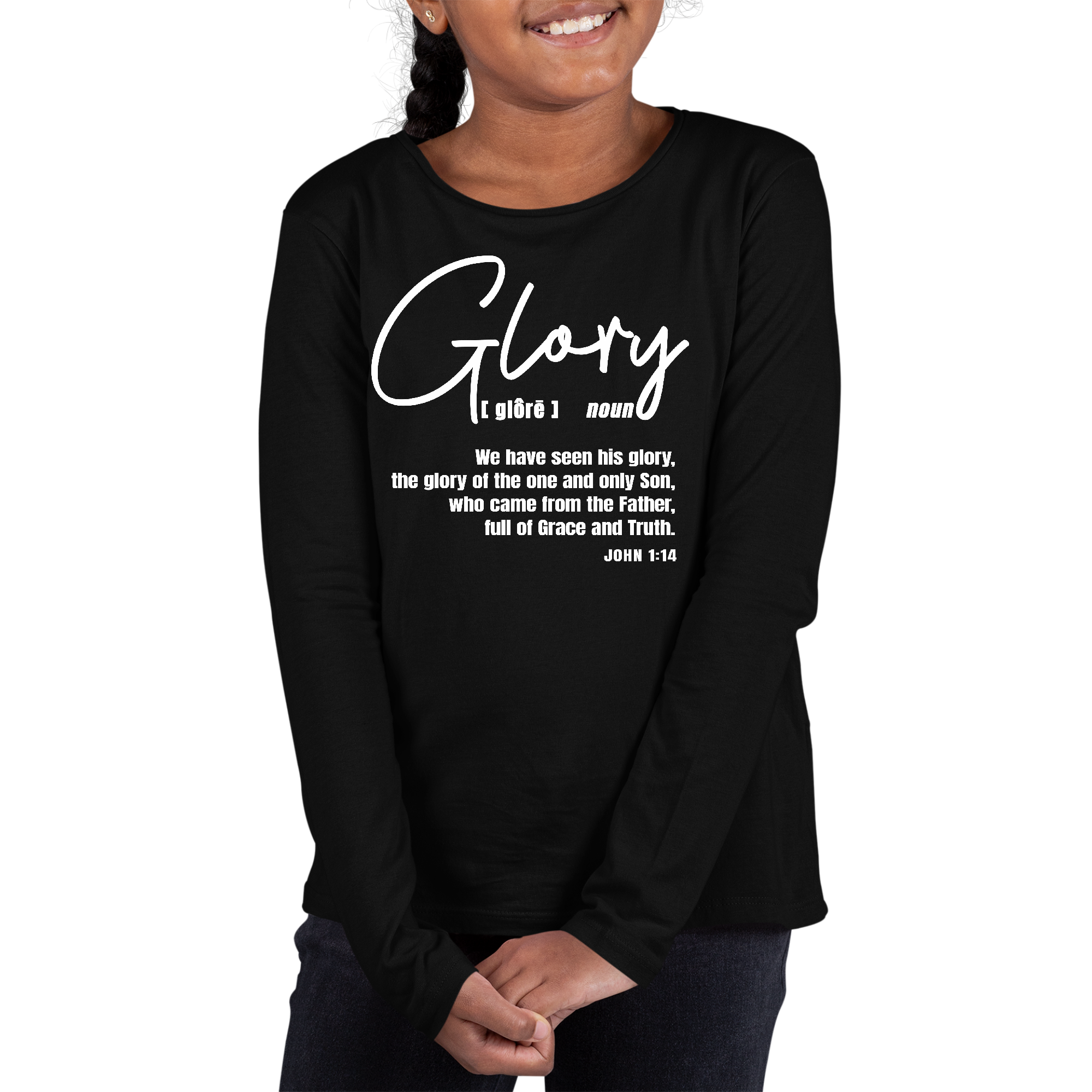 Youth Long Sleeve Graphic T-shirt in Glory design featuring Christian inspiration, made from soft cotton with a unisex fit.