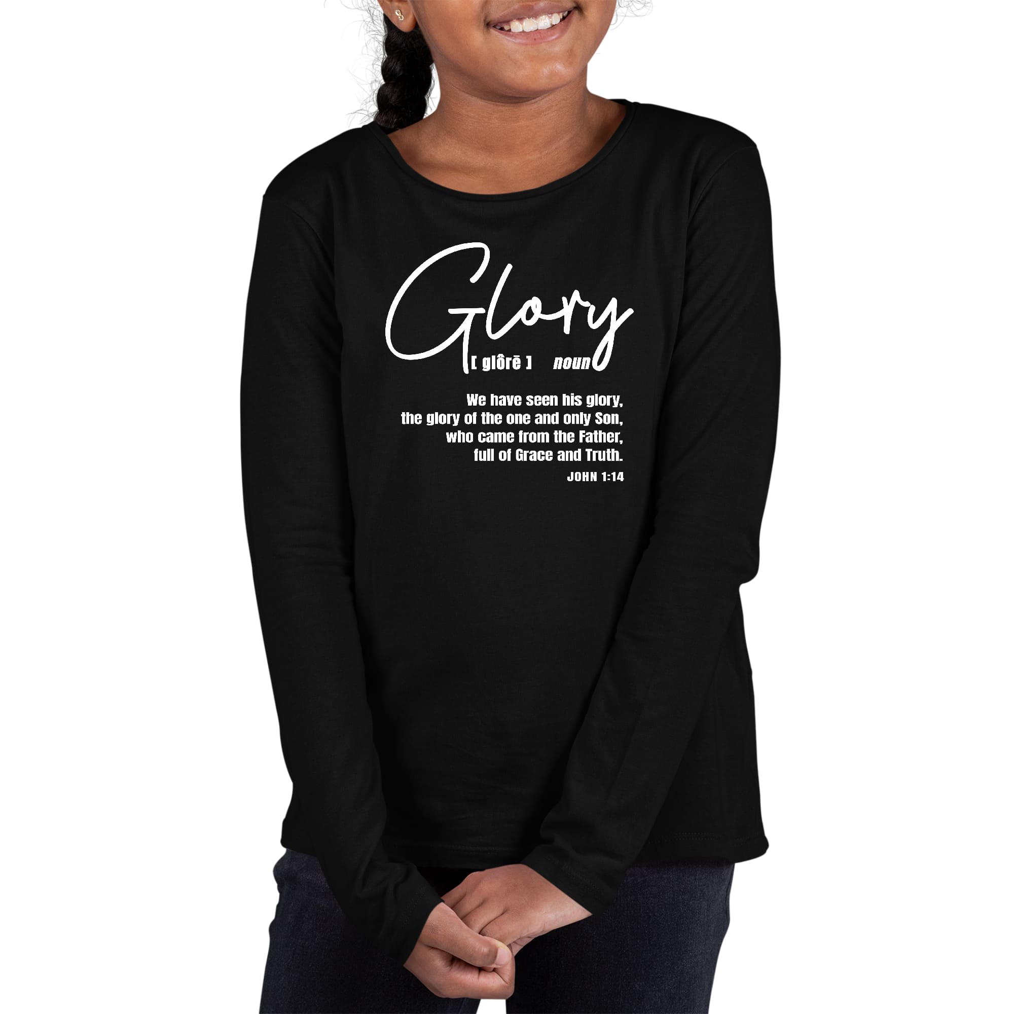 Youth Long Sleeve Graphic T-shirt in Glory design featuring Christian inspiration, made from soft cotton with a unisex fit.