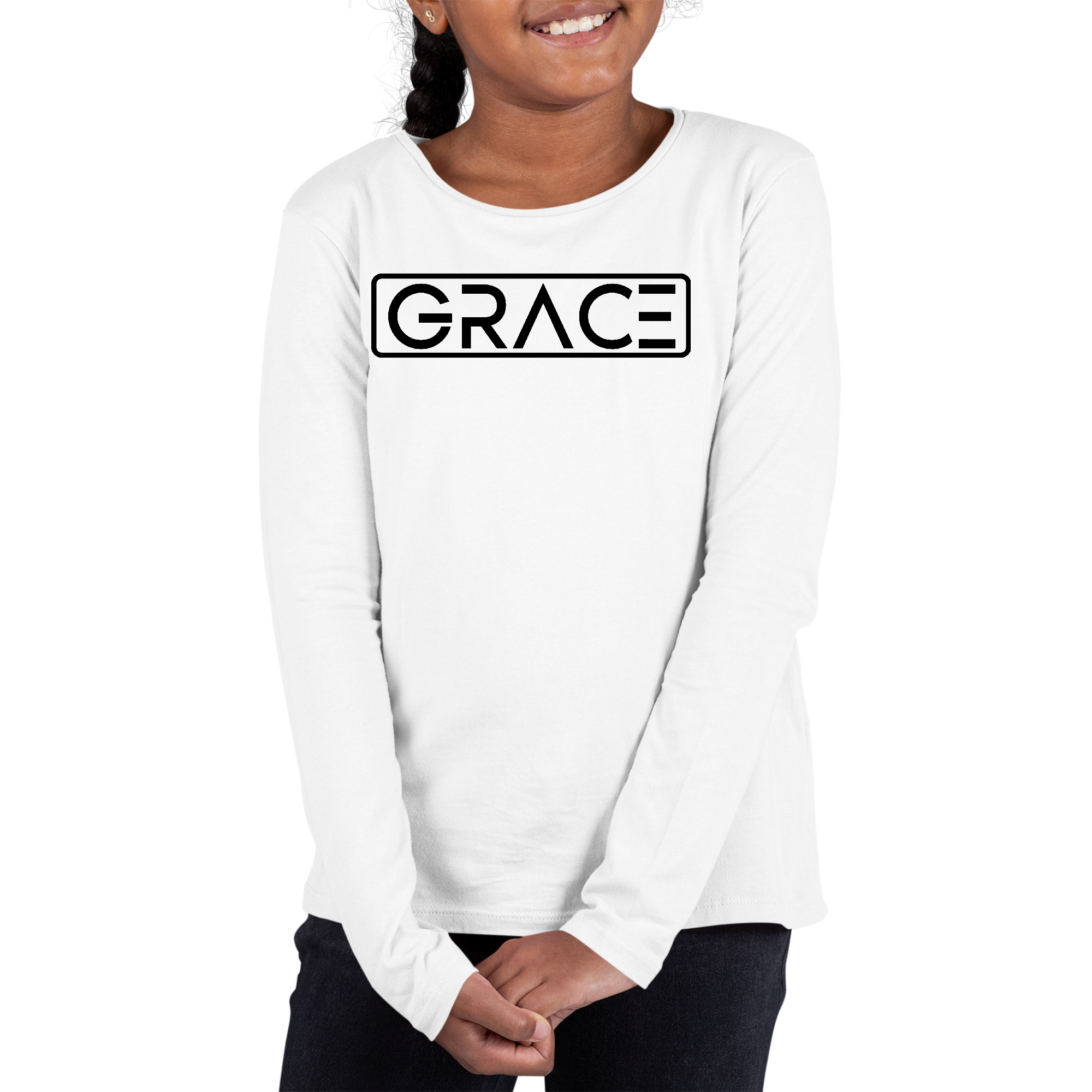 Youth long sleeve graphic t-shirt with Grace Christian black illustration, showcasing a stylish design for girls.