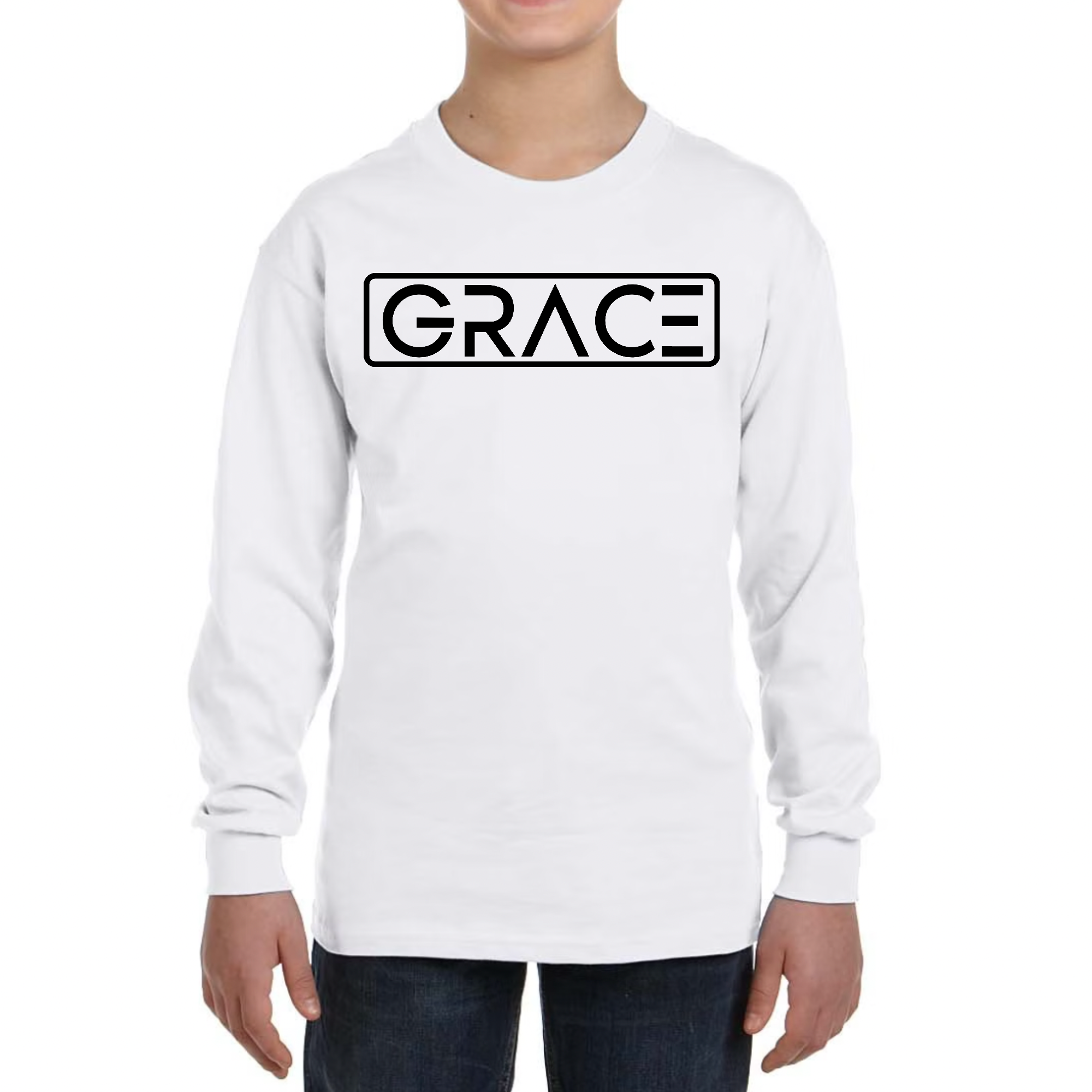 Youth long sleeve graphic t-shirt with Grace Christian black illustration, showcasing a stylish design for boys.