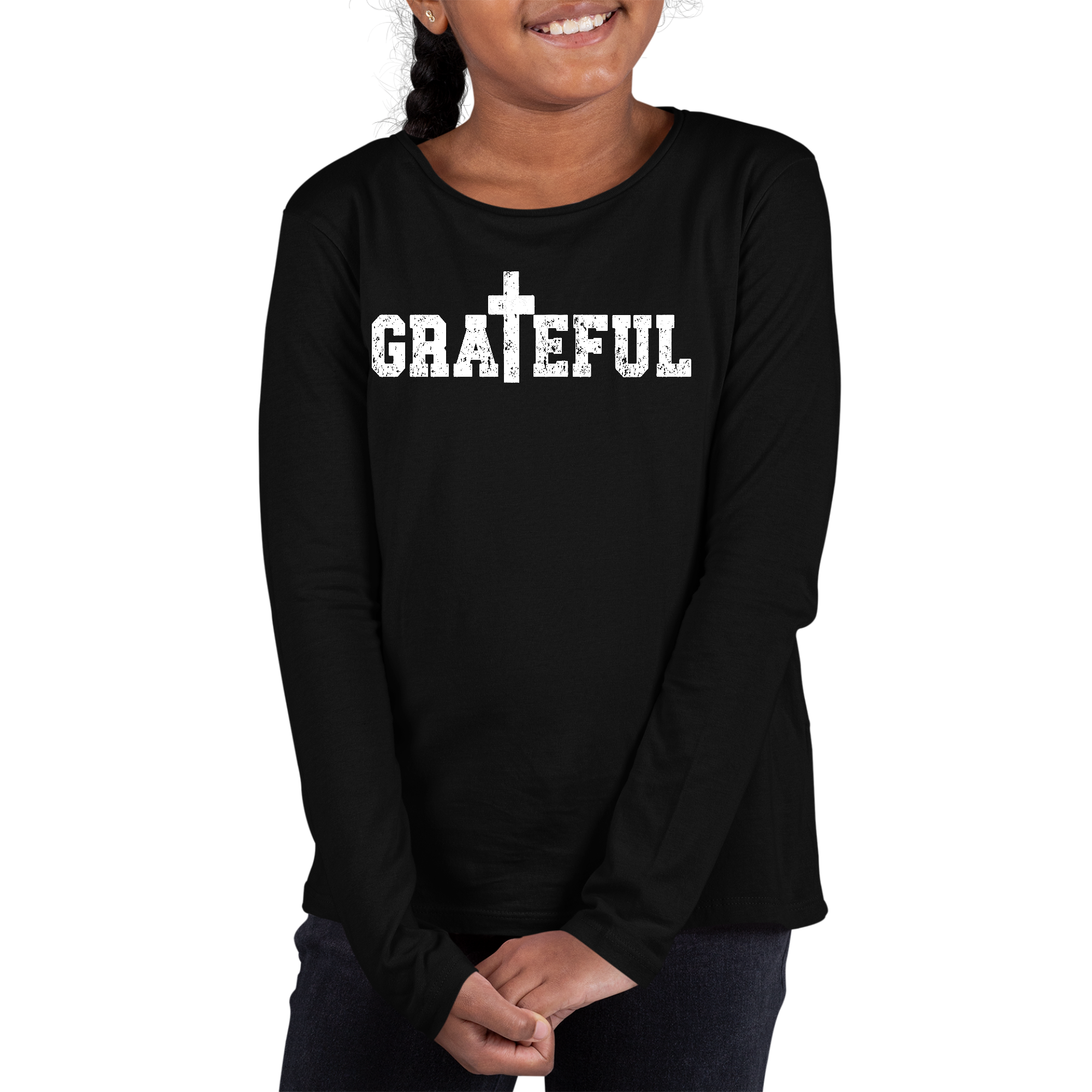 Youth long sleeve graphic t-shirt featuring a colorful Grateful print, made from soft cotton material.