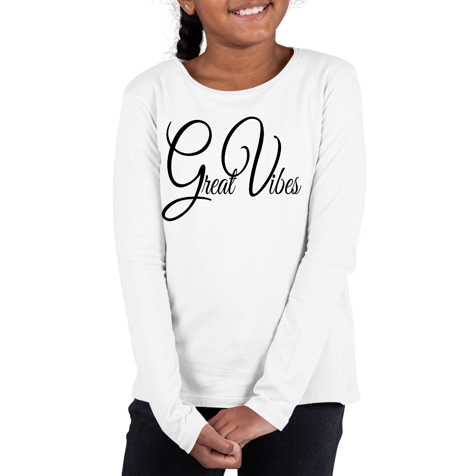 Youth Long Sleeve Graphic T-shirt featuring Great Vibes black illustration, showcasing a stylish design perfect for all seasons.