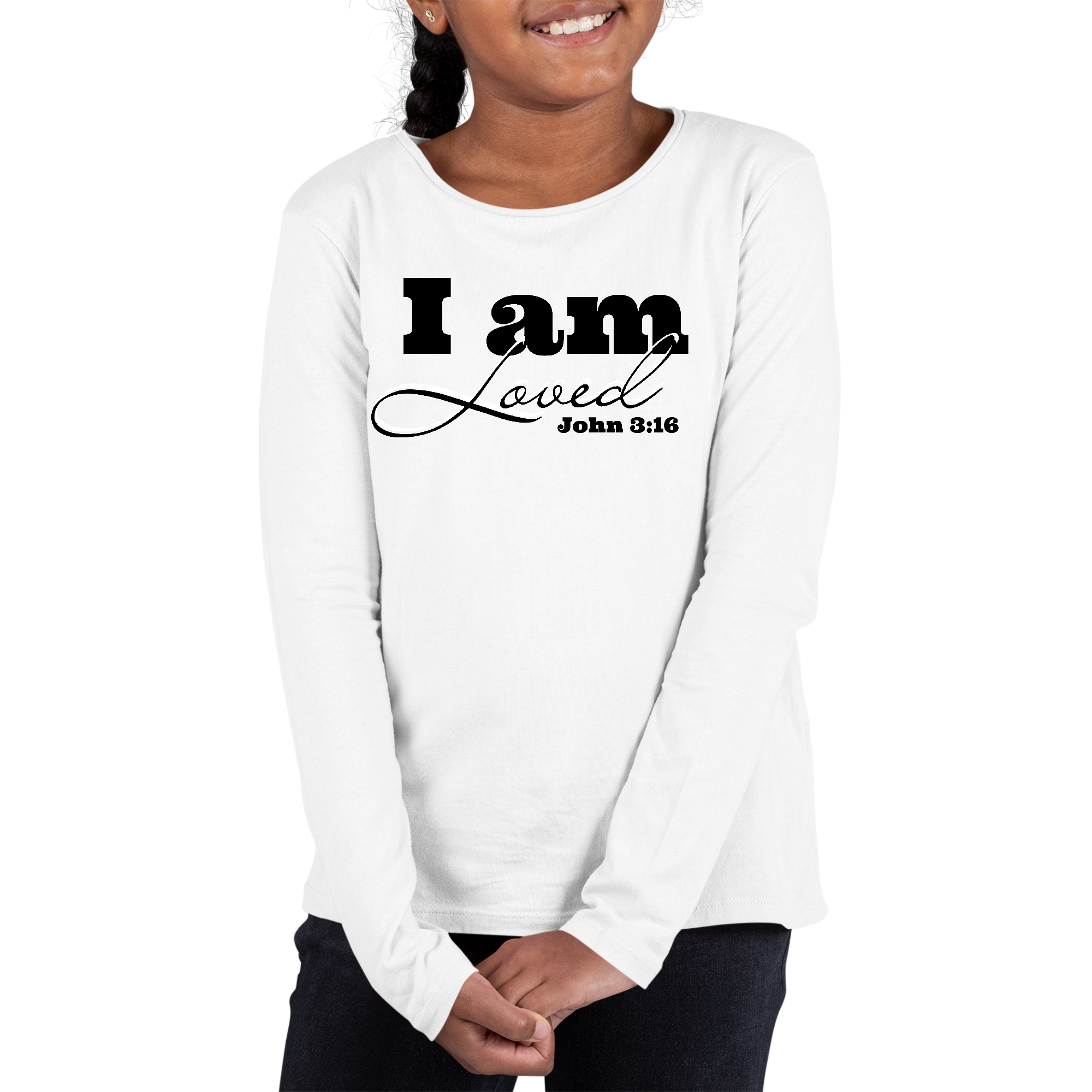 Youth Long Sleeve Graphic T-shirt in black featuring 'I am Loved' - John 3:16 design, made from soft preshrunk cotton.