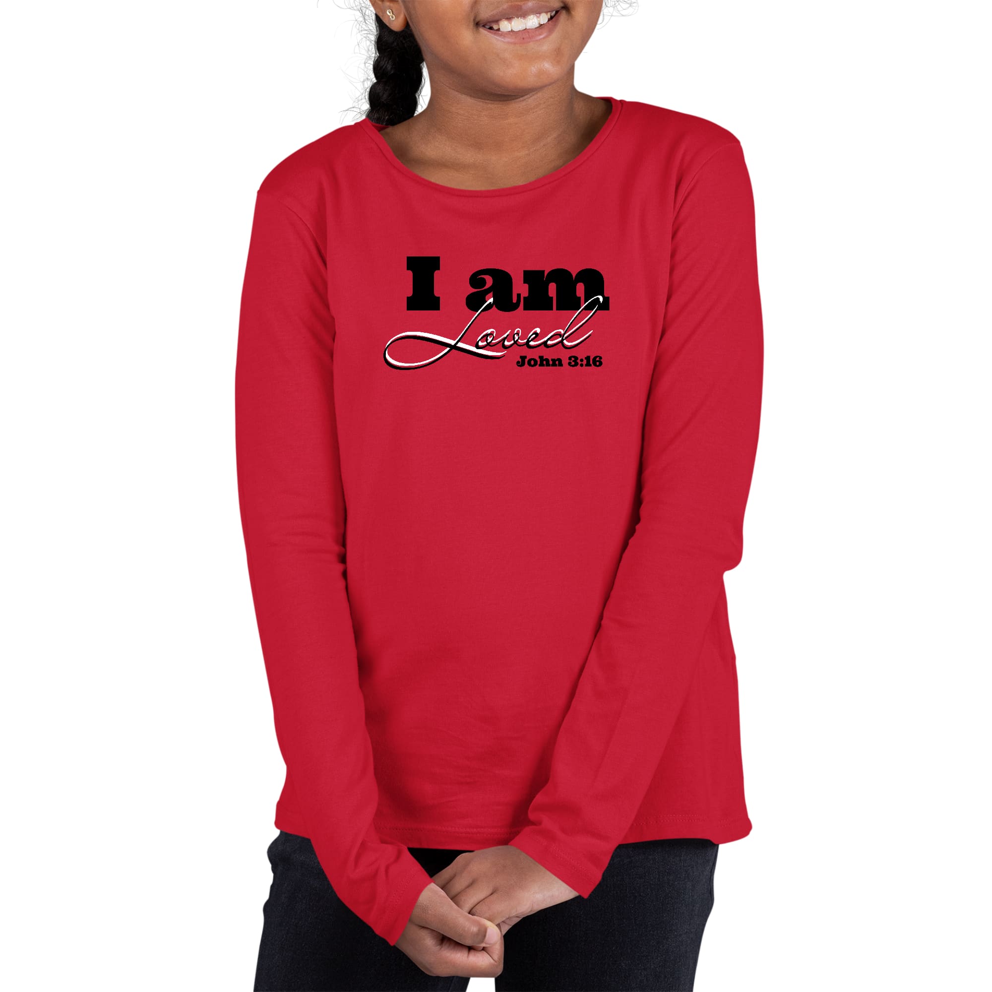 Youth Long Sleeve Graphic T-shirt in black featuring 'I am Loved' - John 3:16 design, made from soft preshrunk cotton.