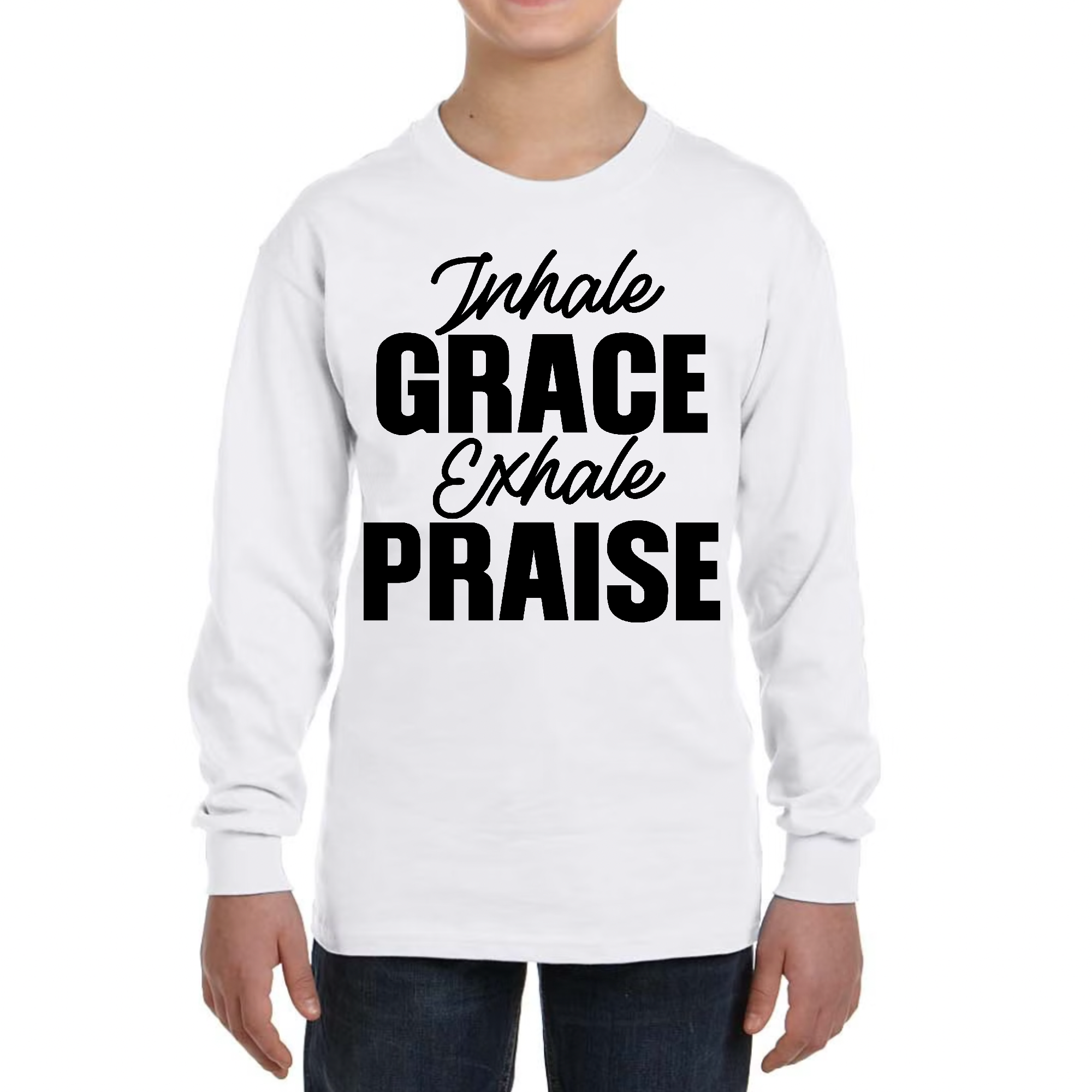 Youth Long Sleeve Graphic T-shirt in black with 'Inhale Grace Exhale Praise' printed on the front, showcasing a stylish and comfortable design.