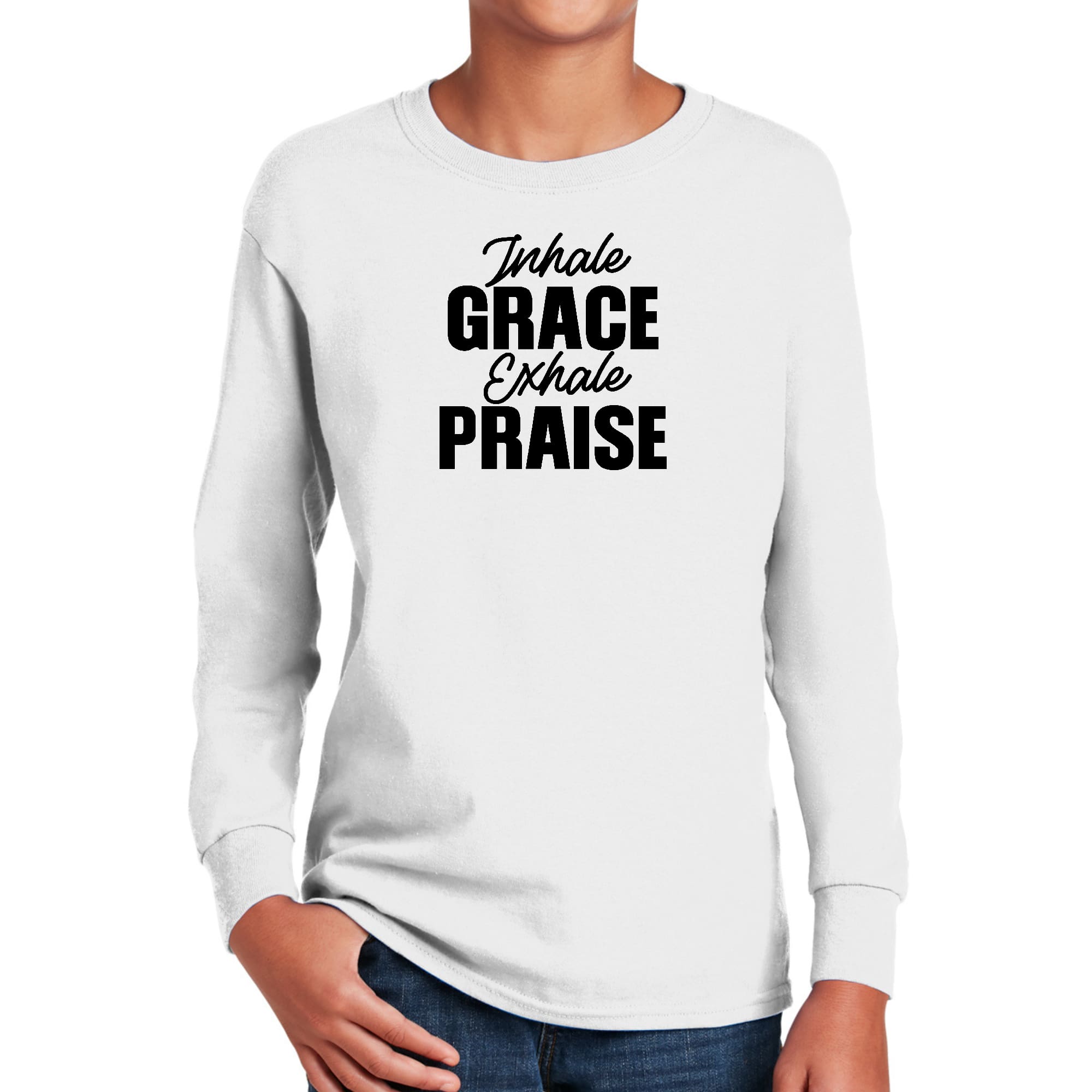 Youth Long Sleeve Graphic T-shirt in black with 'Inhale Grace Exhale Praise' printed on the front, showcasing a stylish and comfortable design.