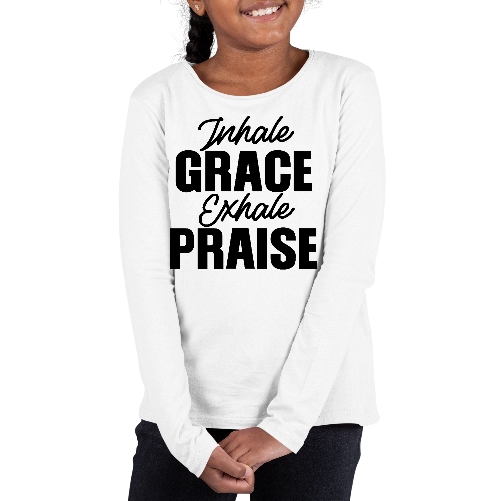 Youth Long Sleeve Graphic T-shirt in black with 'Inhale Grace Exhale Praise' design, showcasing soft cotton fabric and comfortable fit.