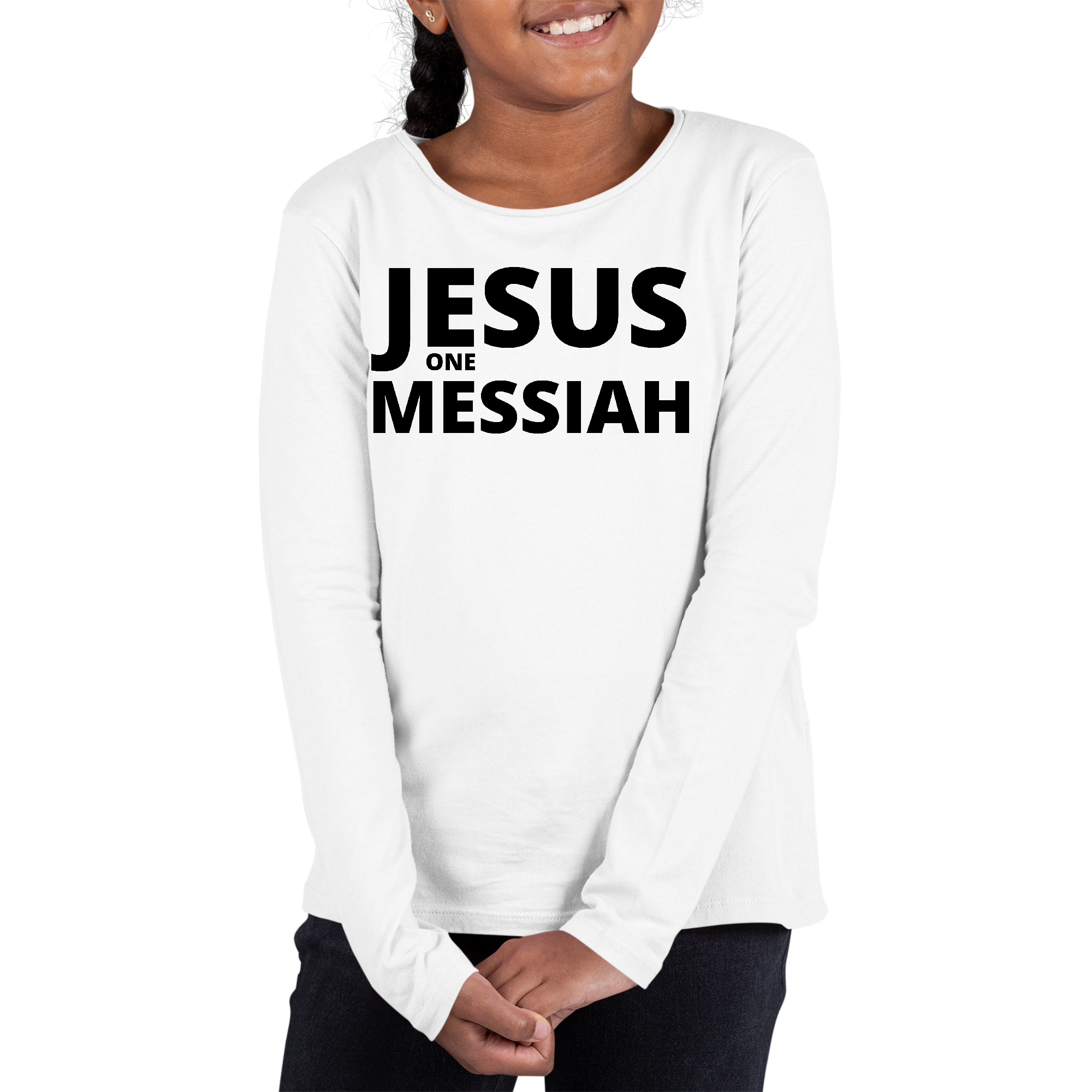 Youth Long Sleeve Graphic T-shirt in black featuring Jesus One Messiah design, showcasing its soft fabric and stylish look.