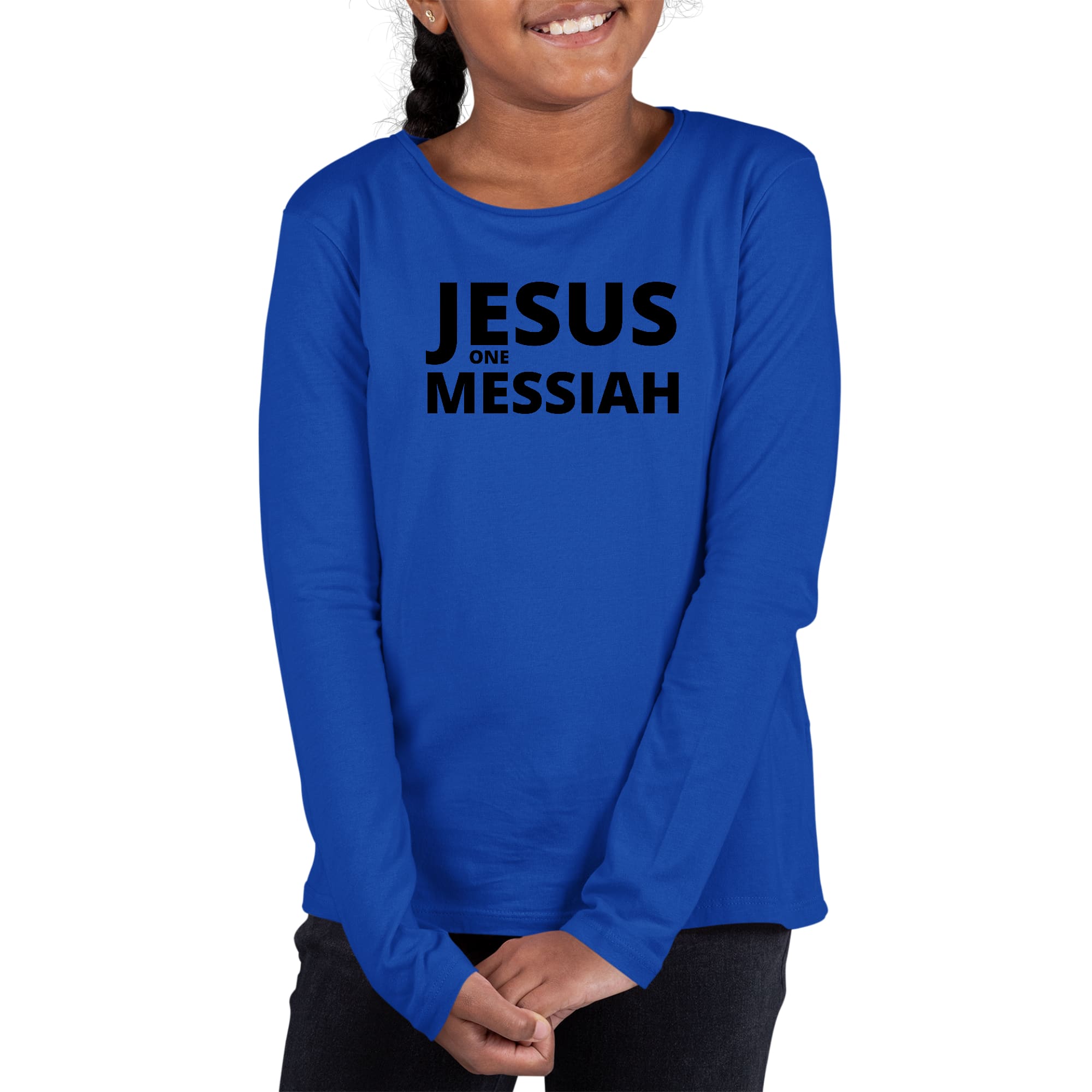 Youth Long Sleeve Graphic T-shirt in black featuring Jesus One Messiah design, showcasing its soft fabric and stylish look.