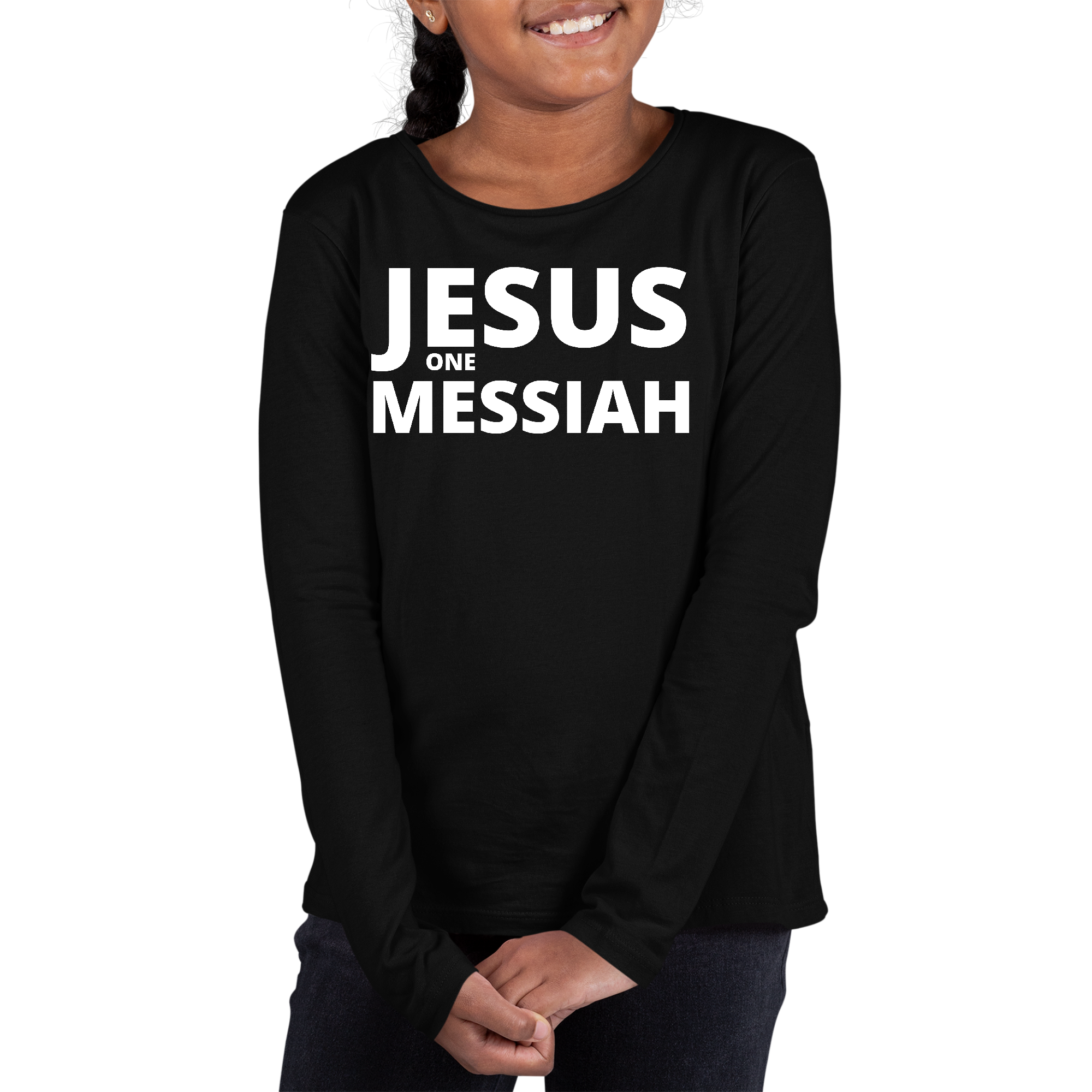 Youth Long Sleeve Graphic T-shirt featuring a Jesus graphic design, made from soft cotton material.