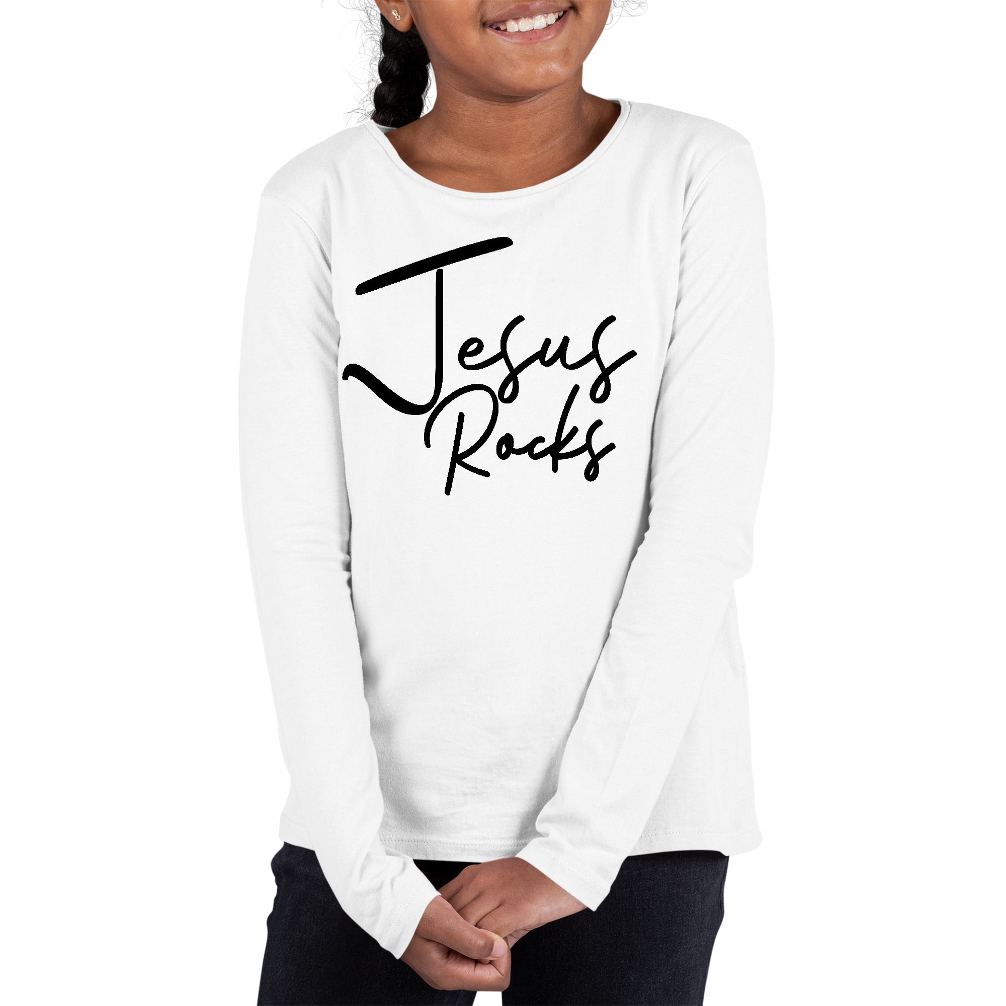 Youth Long Sleeve Graphic T-shirt featuring a vibrant 'Jesus Rocks' print on a black background, made from soft preshrunk cotton.