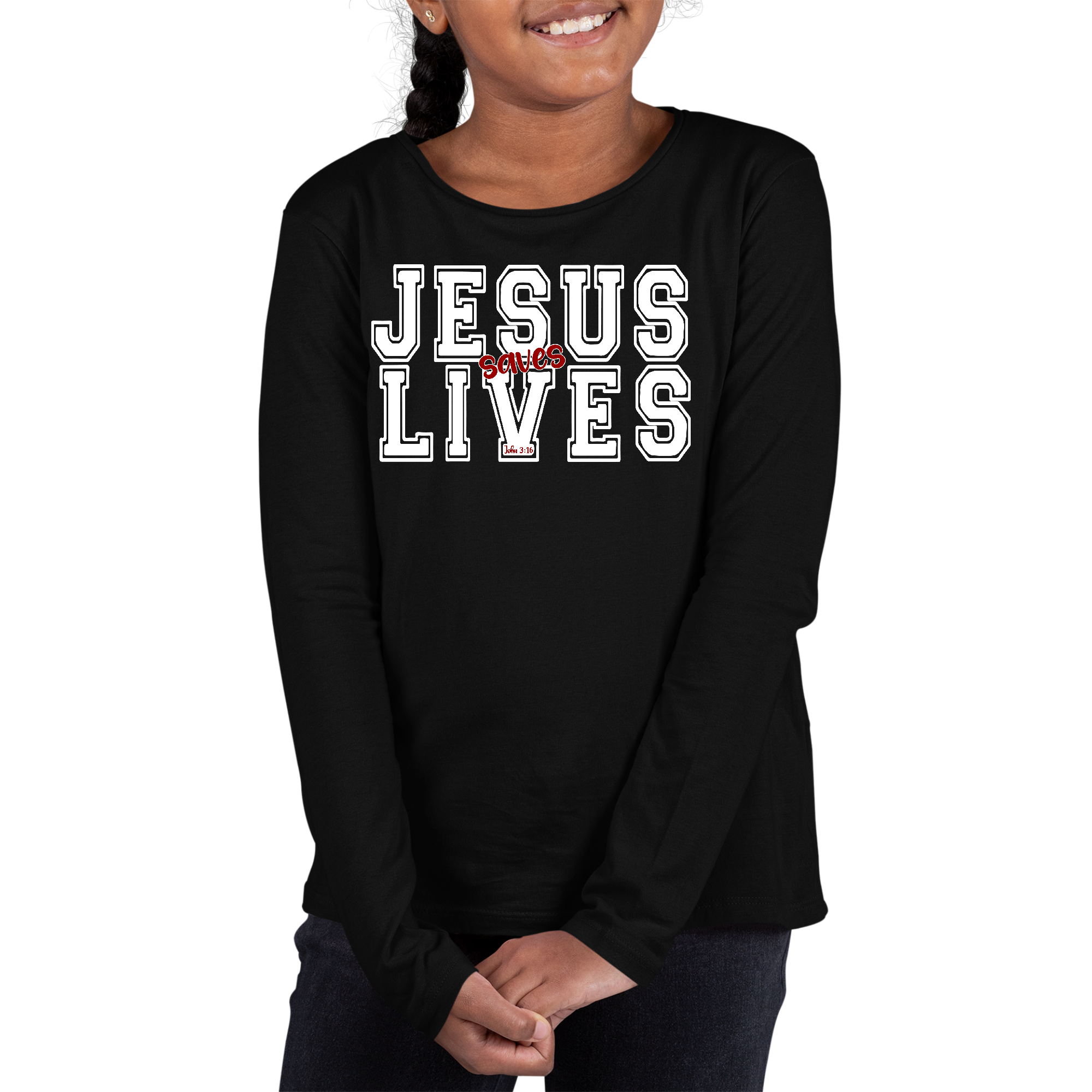 Youth Long Sleeve Graphic T-shirt in white and red with 'Jesus Saves Lives' print, showcasing a stylish and comfortable design for kids.