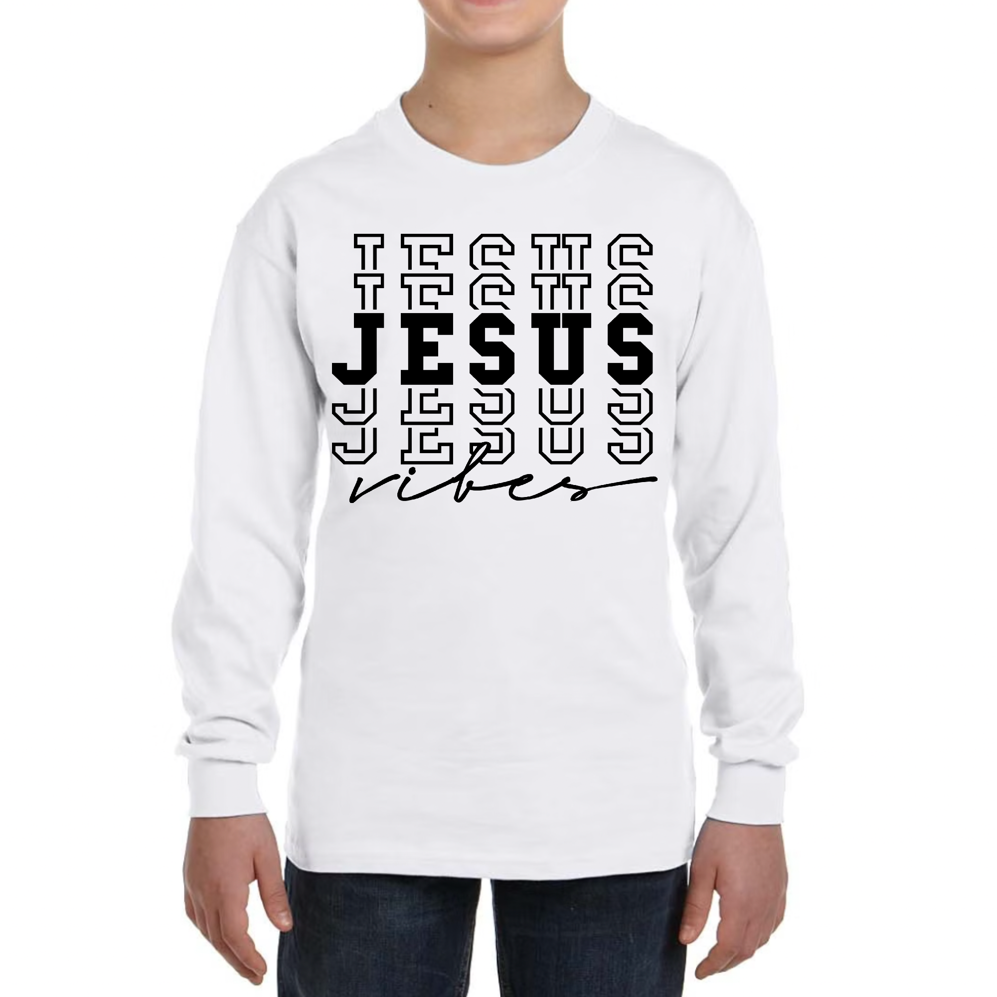 Youth Long Sleeve Graphic T-shirt featuring a stylish Jesus Vibes design, made from soft cotton material with double-stitched seams.